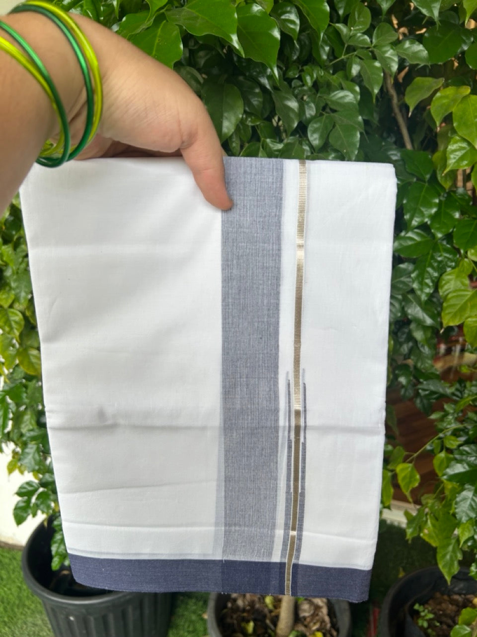 20% DISCOUNT!! Kaitharikada Balaramapuram 100% Pure Cotton PURE WHITE Double Mundu/Dothi - 100x80 - 1.75 Inch Silver Kasavu Navy Blue shaded Stripes Puliyilakkara Chutty - 32KK5217 CKS