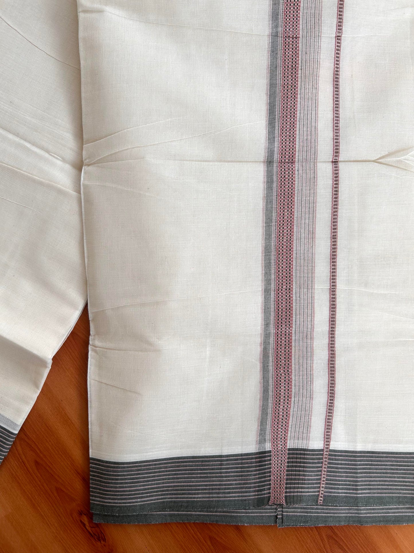 Double Off White Mundu/Dhoti- 20% Discount! KaithariKada Balaramapuram Pure Cotton - 100x100 - 1.25 inch Silver Kasav & Pink & Sage Green Design Striped Kara - 4mtr (8.5muzham) - 1 KK5428 VAS