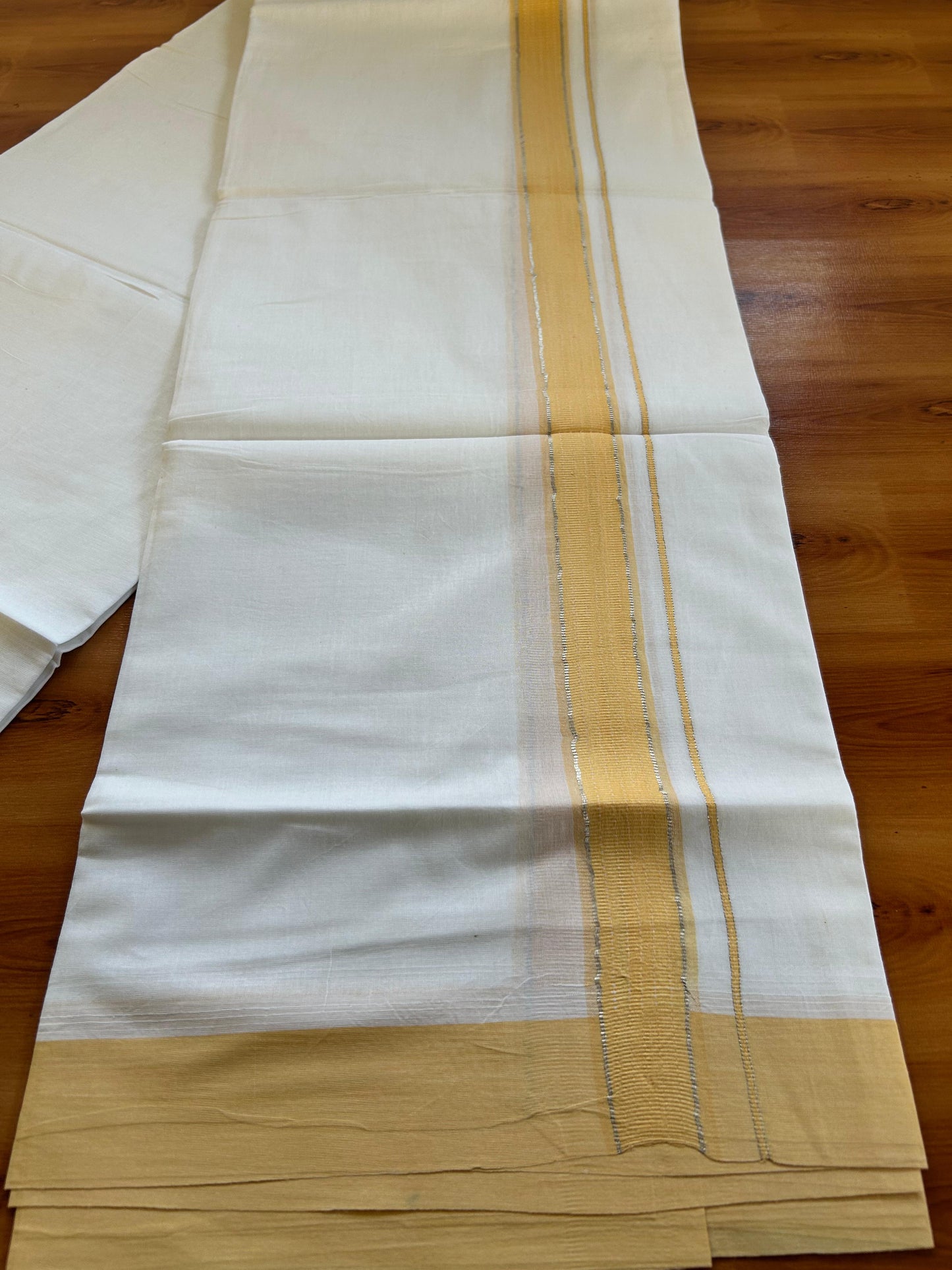 Pure White Double Mundu/Dothi - 20% Discount ! Kaitharikada 100% Cotton 100x100 - 1.25 inch Silver Kasav & Yellow Striped Kara 3.80 m (8 muzham) - 1 KK5476 MC