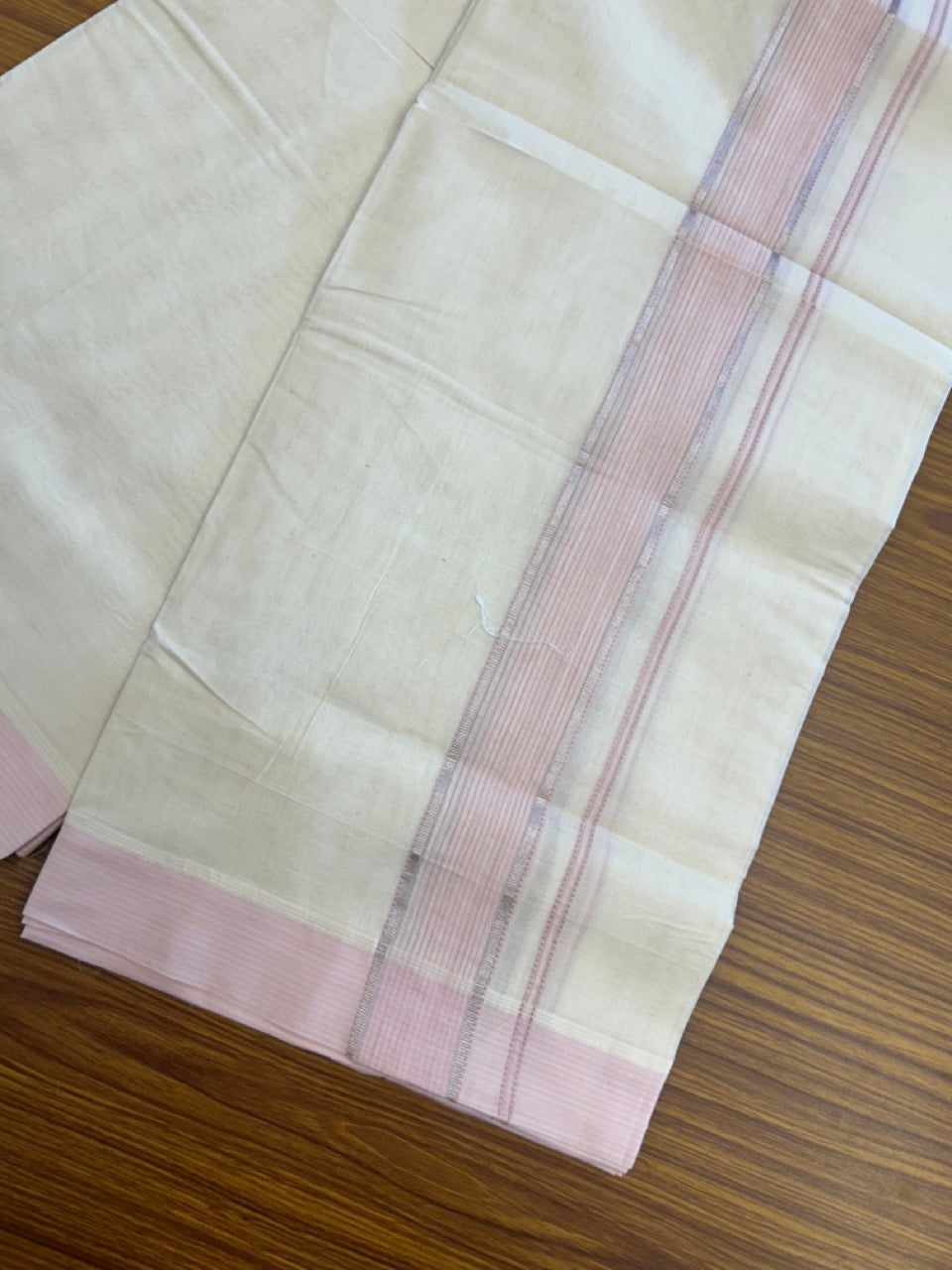 20% Discount ! KaithariKada Balaramapuram 100% Cotton Off White (Unbleached) Double Mundu/Dhoti - 80s - 1.75 inch Silver Kasav & Baby Pink Shaded Stripes kara 4 mtr (8.5 muzham) - 20 KK5302 MUT