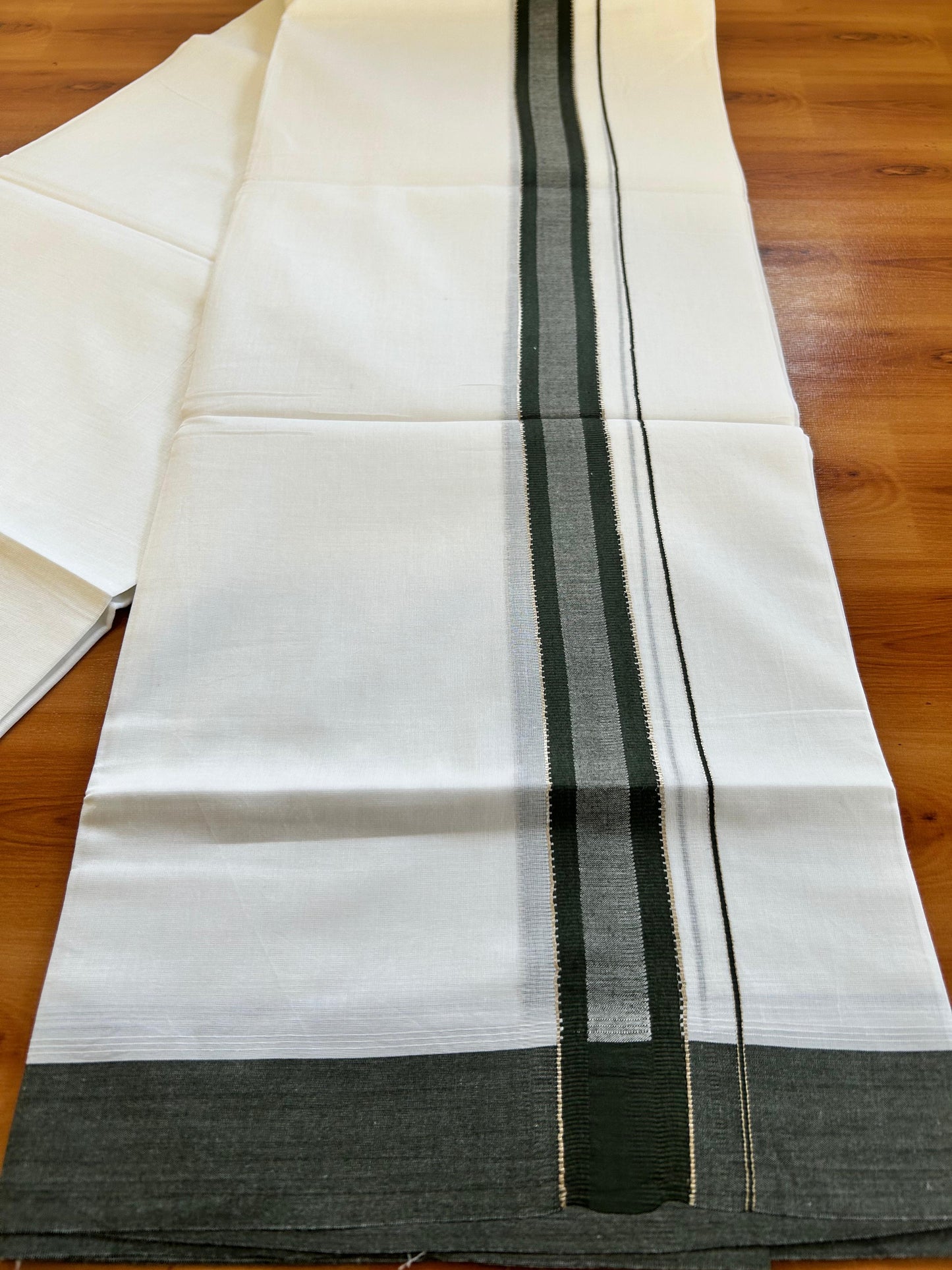 Pure White Double Mundu/Dothi - 20% Discount ! Kaitharikada 100% Cotton 100x100 - 1.25 inch Silver Kasav & Seaweed Green Shaded Stripes Kara 3.80 m (8 muzham) - 2 KK5476 MC