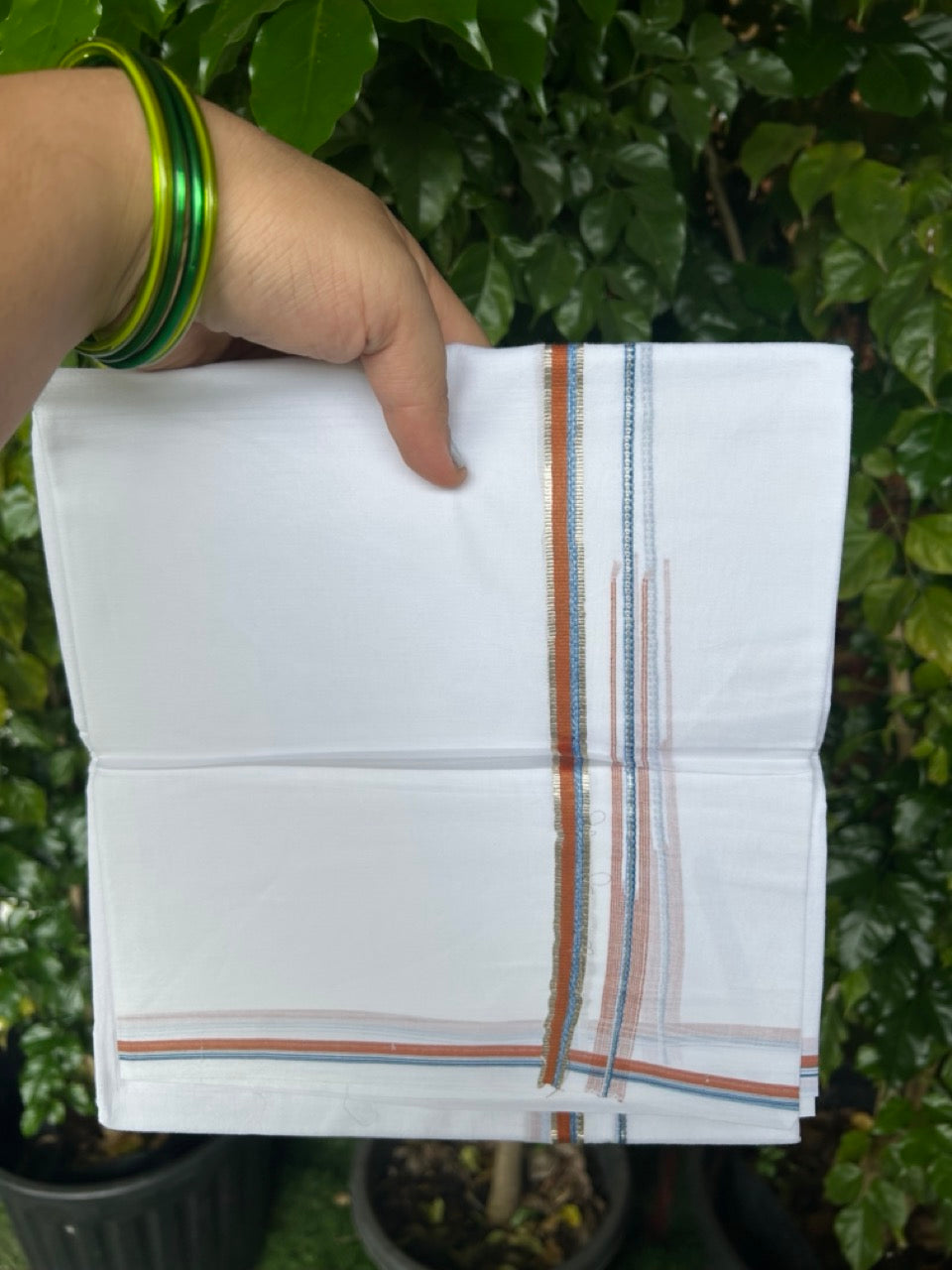 20% Discount !! Kaitharikada Balaramapuram 100% Cotton PURE WHITE DOUBLE Mundu/Dothi- 100X80 - 0.5 inch Silver Kasavu Light Orange & Blue Design Chutty Kara - 17KK5217 CKS
