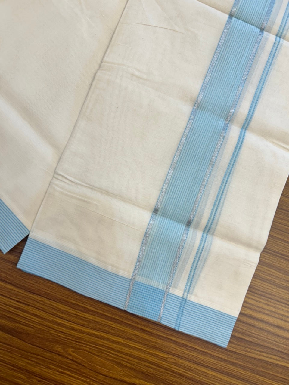20% Discount ! KaithariKada Balaramapuram 100% Cotton Off White (Unbleached) Double Mundu/Dhoti - 80s - 1.75 inch Silver Kasav & Cyan Shaded Stripes kara 4 mtr (8.5 muzham) - 22 KK5302 MUT