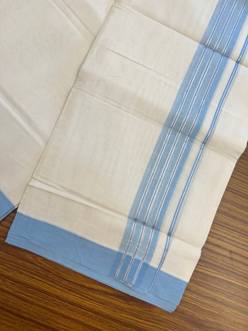 20% Discount ! KaithariKada Balaramapuram 100% Cotton Off White (Unbleached) Double Mundu/Dhoti - 80s - 2 inch Silver Kasav & Baby Blue Shaded Stripes kara 4 mtr (8.5 muzham) - 14 KK5302 MUT