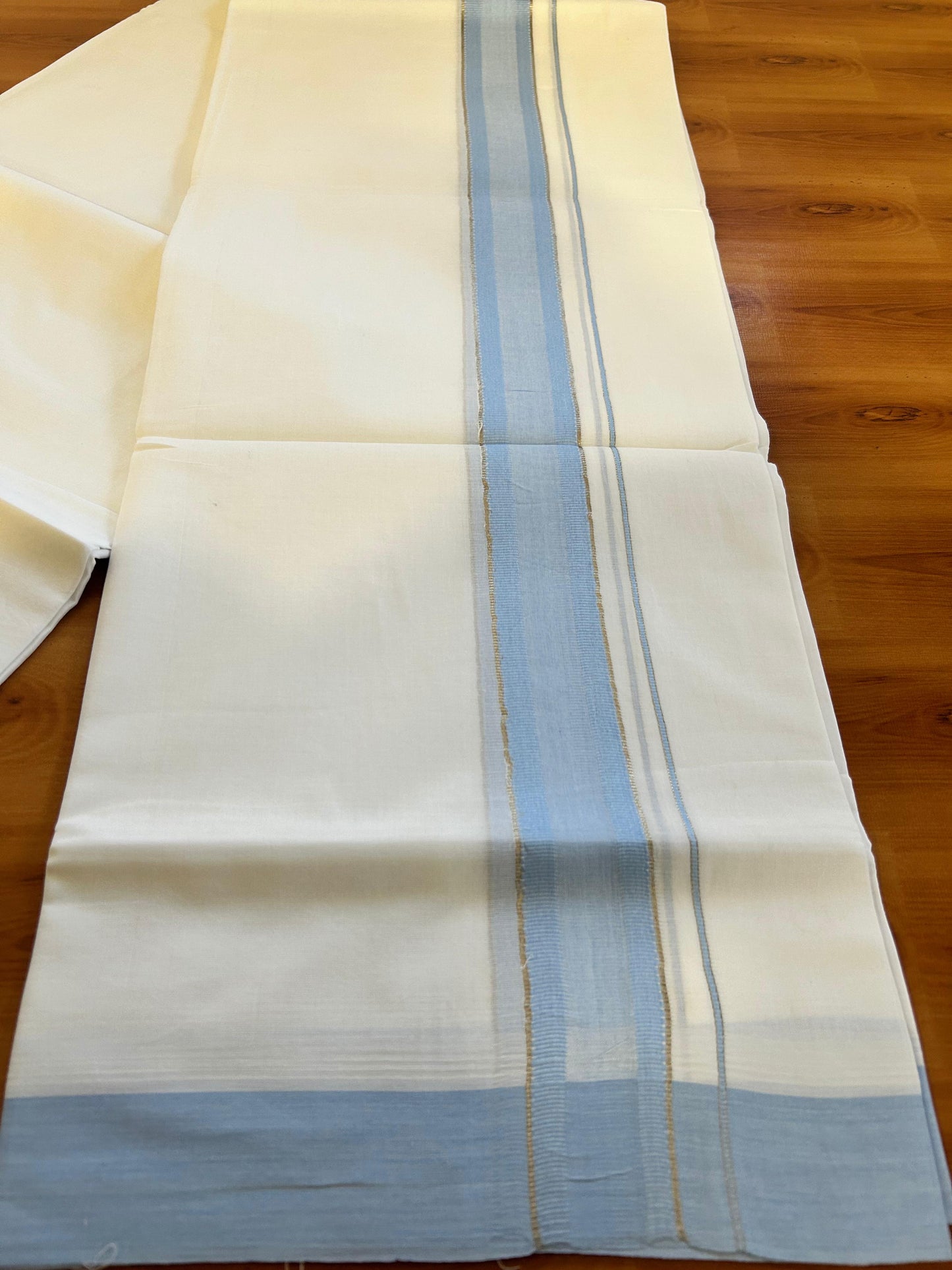 Pure White Double Mundu/Dothi - 20% Discount ! Kaitharikada 100% Cotton 100x100 - 1.5 inch Silver Kasav & Sky Blue Shaded Stripes Kara 3.80 m (8 muzham) - 5 KK5476 MC