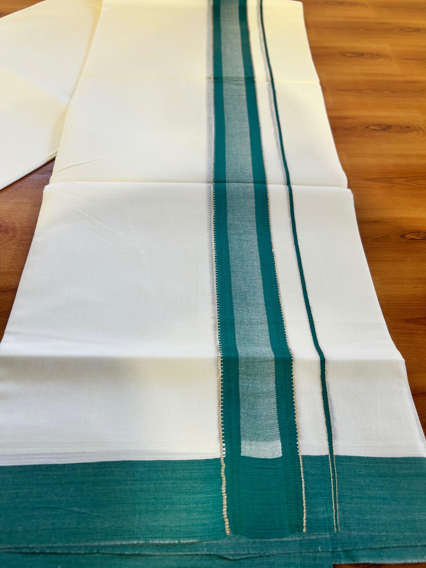 Pure White Double Mundu/Dothi - 20% Discount ! Kaitharikada 100% Cotton 100x100 - 1.75 inch Silver Kasav & Peacock Green Shaded Stripes Kara 3.80 m (8 muzham) - 6 KK5476 MC