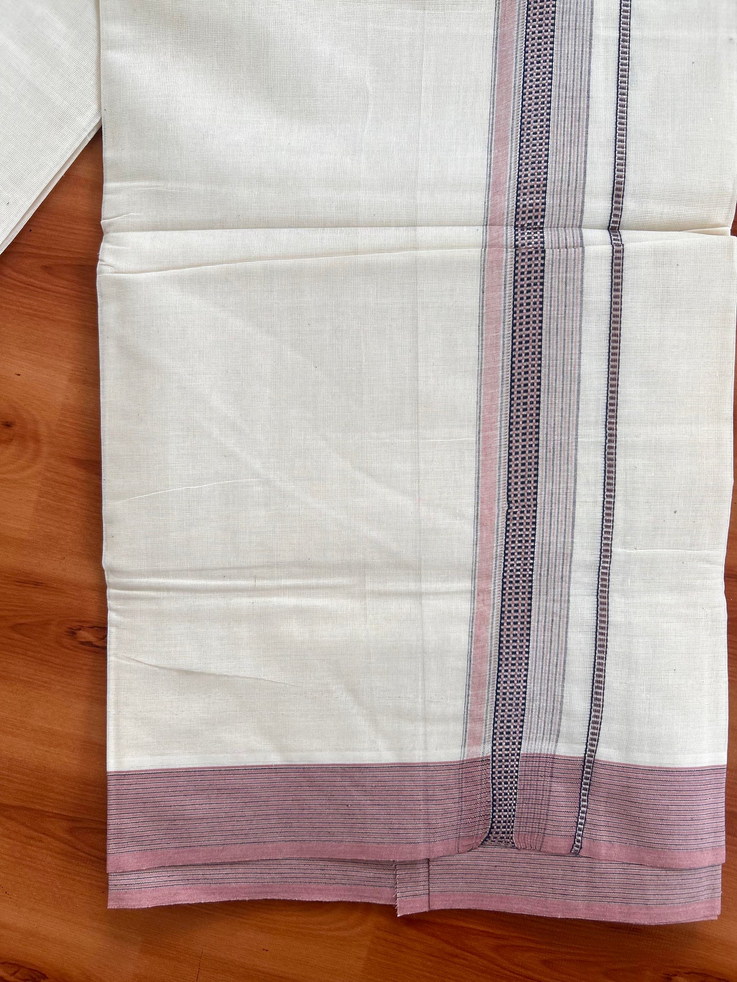 Double Off White Mundu/Dhoti- 20% Discount! KaithariKada Balaramapuram Pure Cotton - 100x100 - 1.25 inch Silver Kasav & Pink & Navy Blue Design Striped Kara - 4mtr (8.5muzham) - 3 KK5428 VAS
