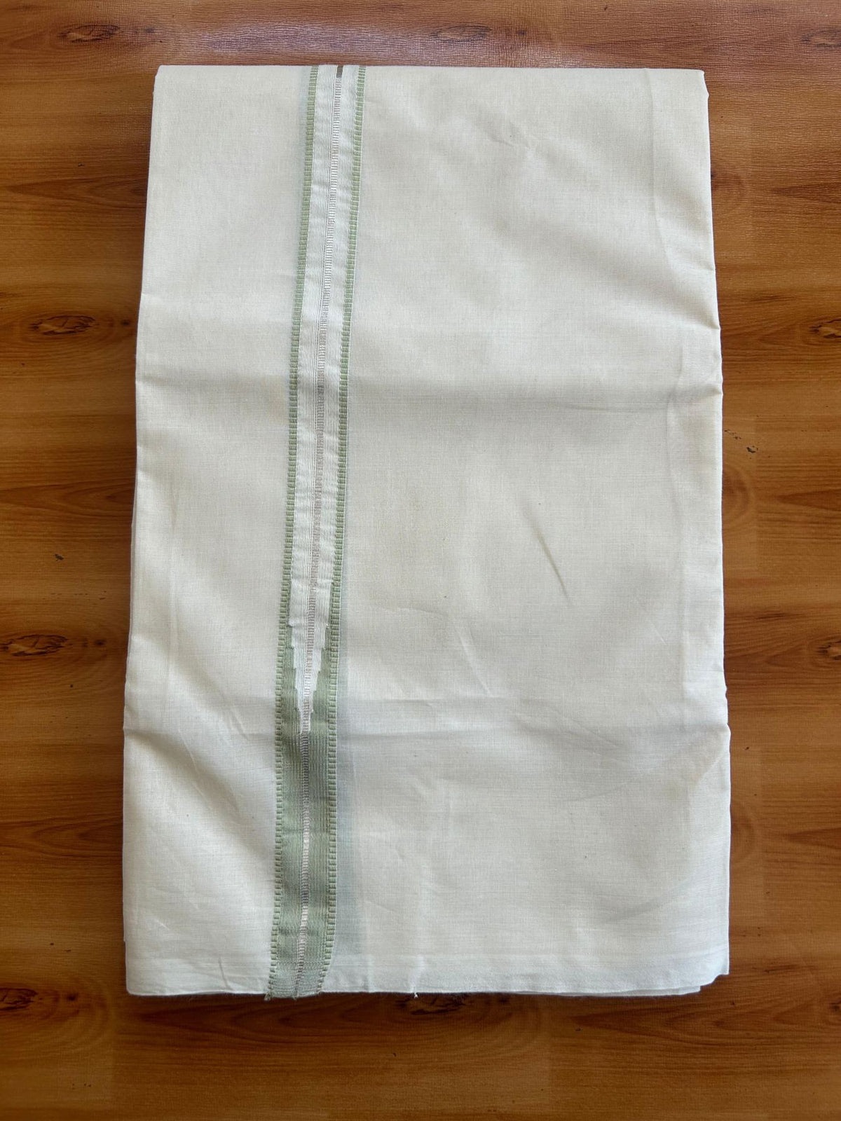Double Off White (Unbleached) Mundu/Dhoti - 20% Discount!! KaithariKada Pulimood 100% Cotton 100X100 - 1 Inch Puliyilakkara Silver Kasav & Light Green Striped Chutty Kara - 3.75 mtr (8 muzham) - 16 KK5545 ASH