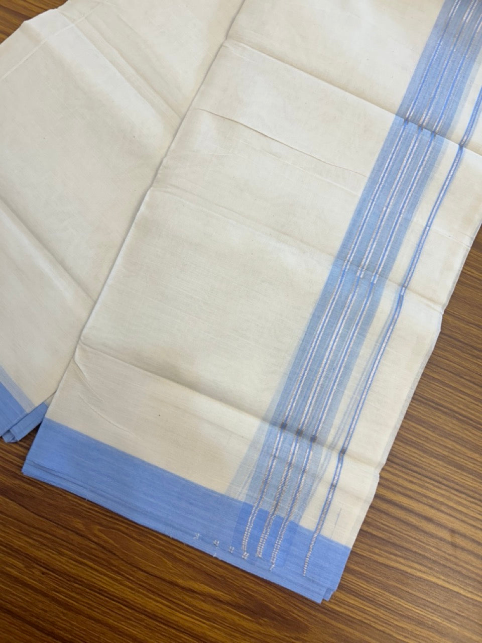 20% Discount ! KaithariKada Balaramapuram 100% Cotton Off White (Unbleached) Double Mundu/Dhoti - 80s - 2 inch Silver Kasav & Sky Blue Shaded Stripes kara 4 mtr (8.5 muzham) - 15 KK5302 MUT