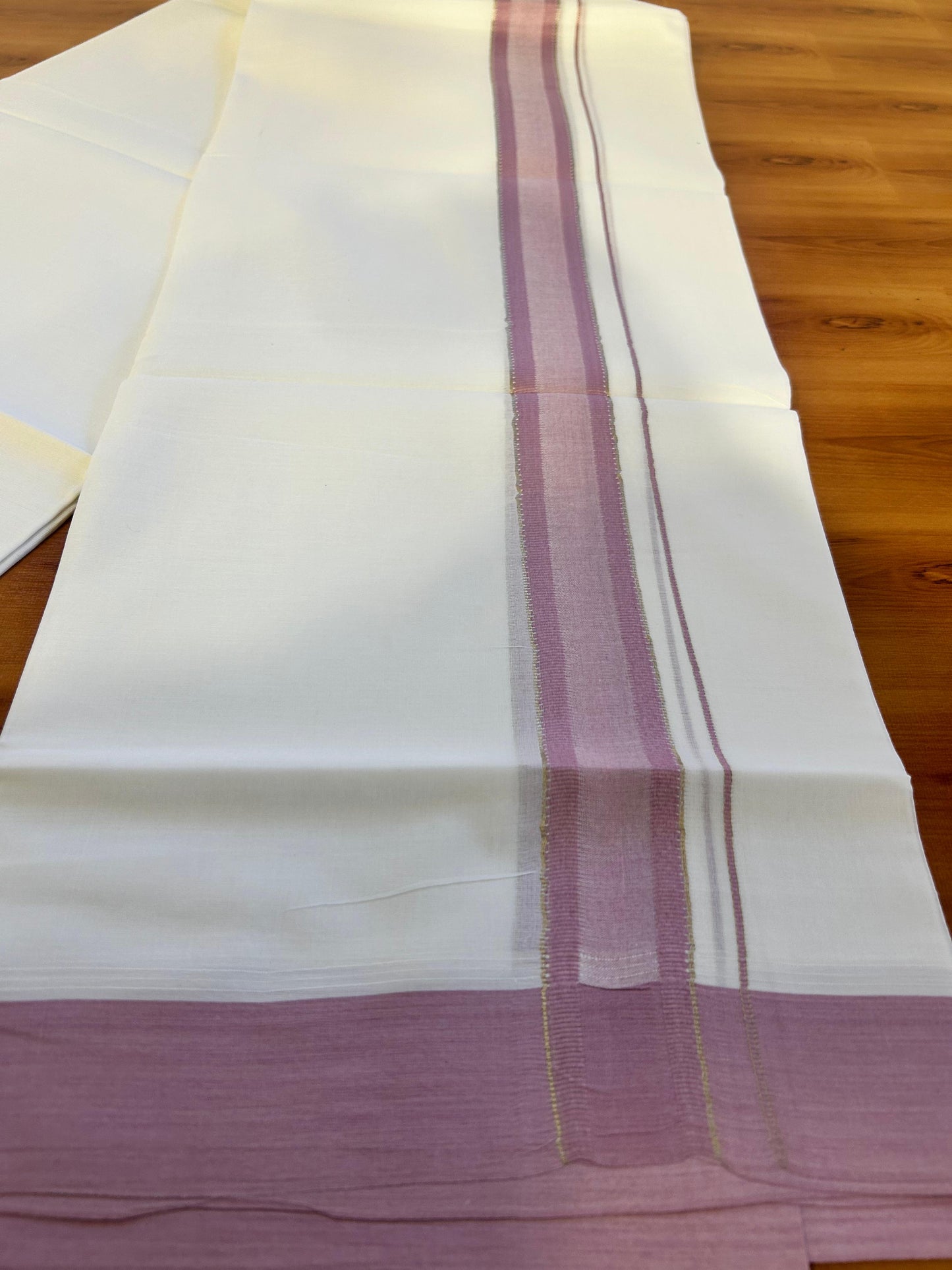 Pure White Double Mundu/Dothi - 20% Discount ! Kaitharikada 100% Cotton 100x100 - 1.5 inch Silver Kasav & Pastel Pink Shaded Stripes Kara 3.80 m (8 muzham) - 8 KK5476 MC
