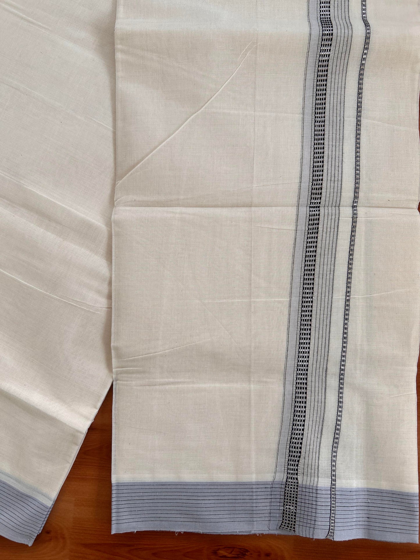 Double Off White Mundu/Dhoti- 20% Discount! KaithariKada Balaramapuram Pure Cotton - 100x100 - 1.25 inch Silver Kasav & Greyish Lavender & Black Design Striped Kara - 4mtr (8.5muzham) - 6 KK5428 VAS