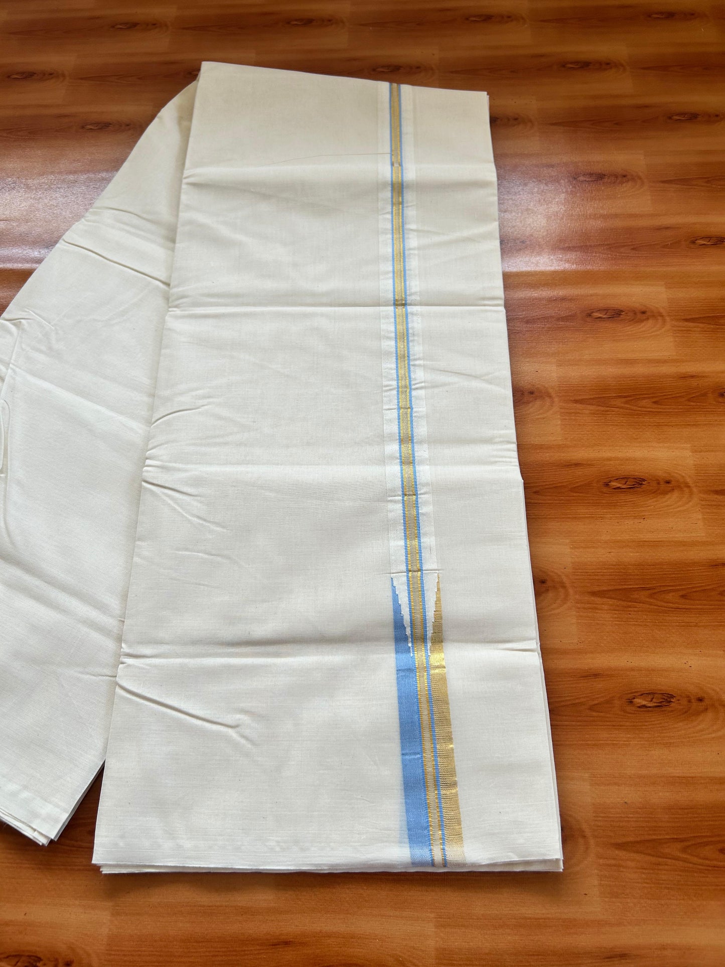 Mundu / Dhoti Off white Double - 20% Discount! KaithariKada 100% Cotton (Unbleached) Kerala - 100x100 - 1 inch Puliyilakkara Gold Kasav & Blue Chutty Kara - 20 KK5477 ASH