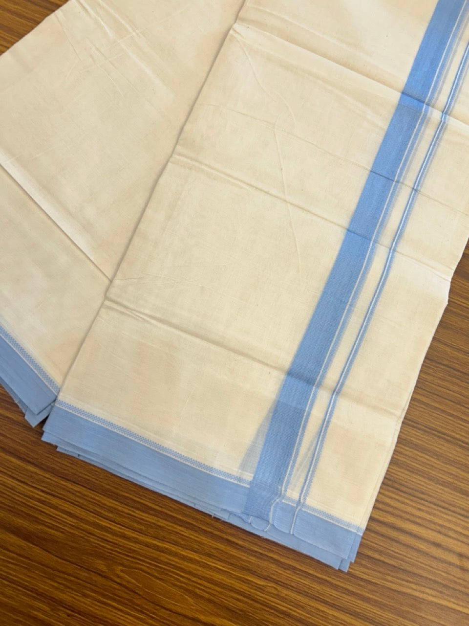 20% Discount ! KaithariKada Balaramapuram 100% Cotton Off White (Unbleached) Double Mundu/Dhoti - 80s - 1 inch Light Blue Design kara 4 mtr (8.5 muzham) - 28 KK5302 MUT