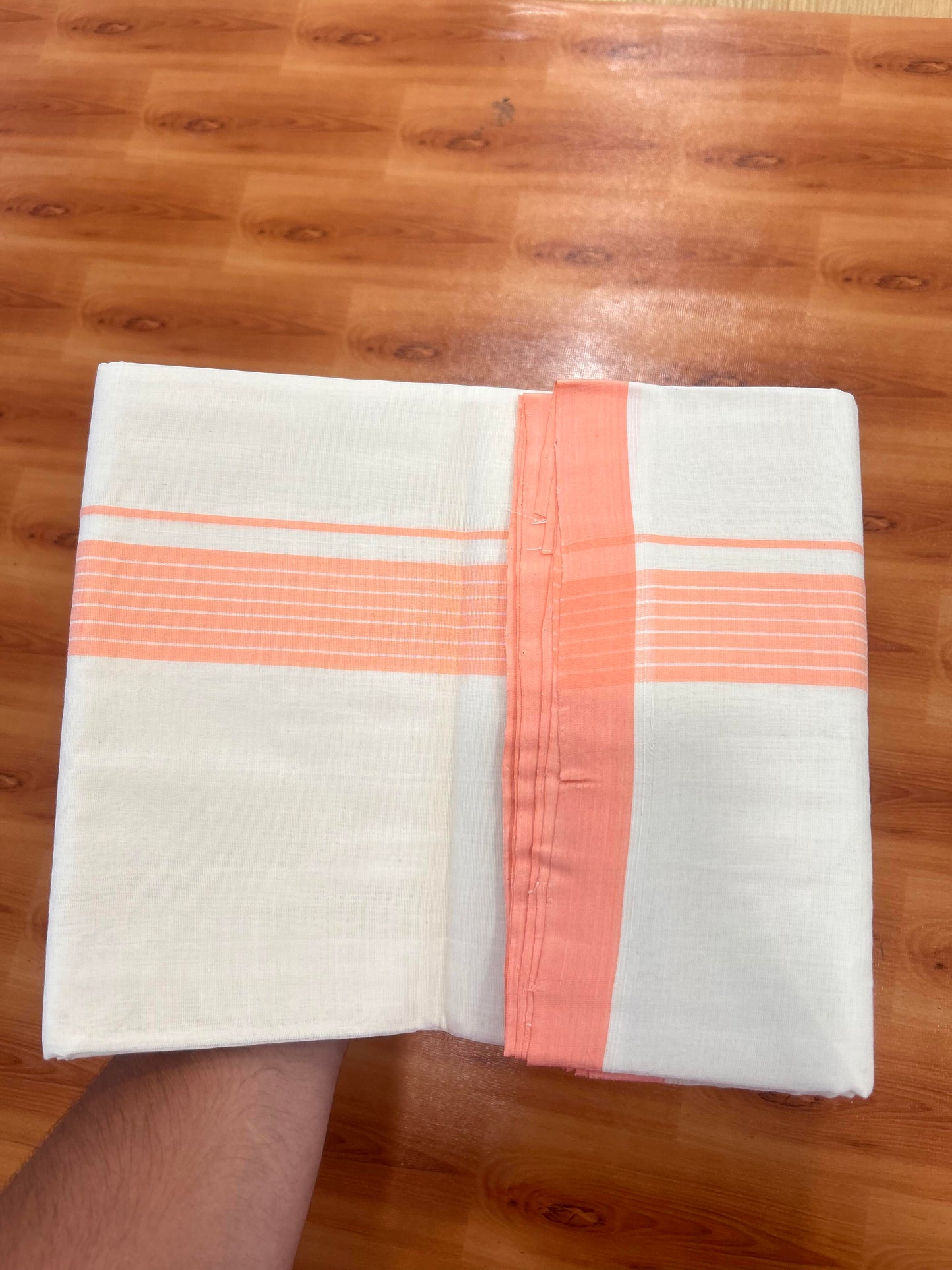 25% Discount! KaithariKada Handloom Unakkupaavu - Kerala Handloom - Cotton Double Mundu/Dhoti Off white (Unbleached) - 100x80 - 1.5 inch Peach Shaded Stripes Kara 3.80 meter (8 Muzham) - 1 KK5429 SOM
