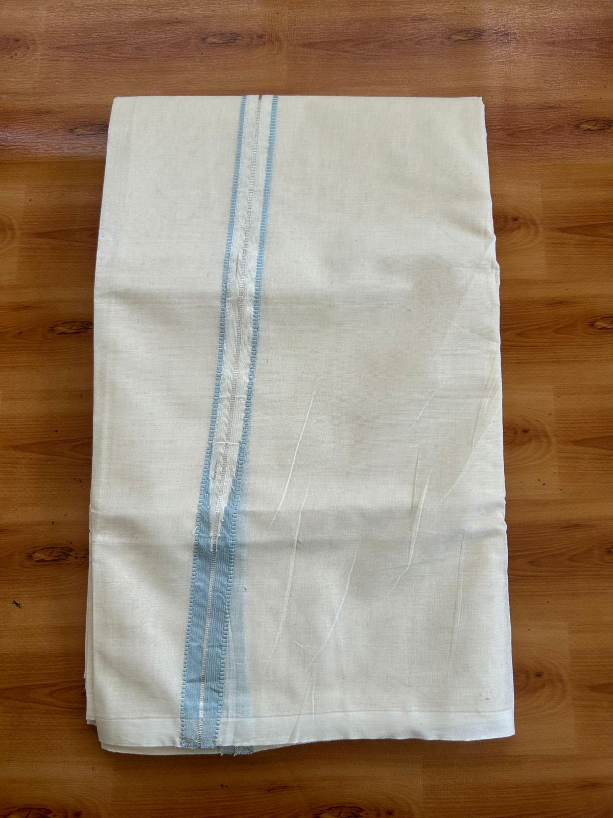 Double Off White (Unbleached) Mundu/Dhoti - 20% Discount!! KaithariKada Pulimood 100% Cotton 100X100 - 1 Inch Puliyilakkara Silver Kasav & Light Blue Striped Chutty Kara - 3.75 mtr (8 muzham) - 14 KK5545 ASH