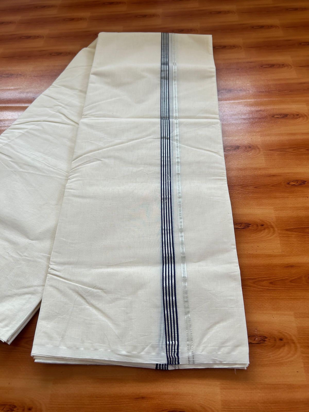 Double Off white Mundu/Dhoti - 20% Discount! KaithariKada - 100% Cotton 100x100 - 0.5 inch Silver Kasav & Navy Blue Striped Kara - 3.80 mtr (8 muzham) - 17 KK5477 ASH