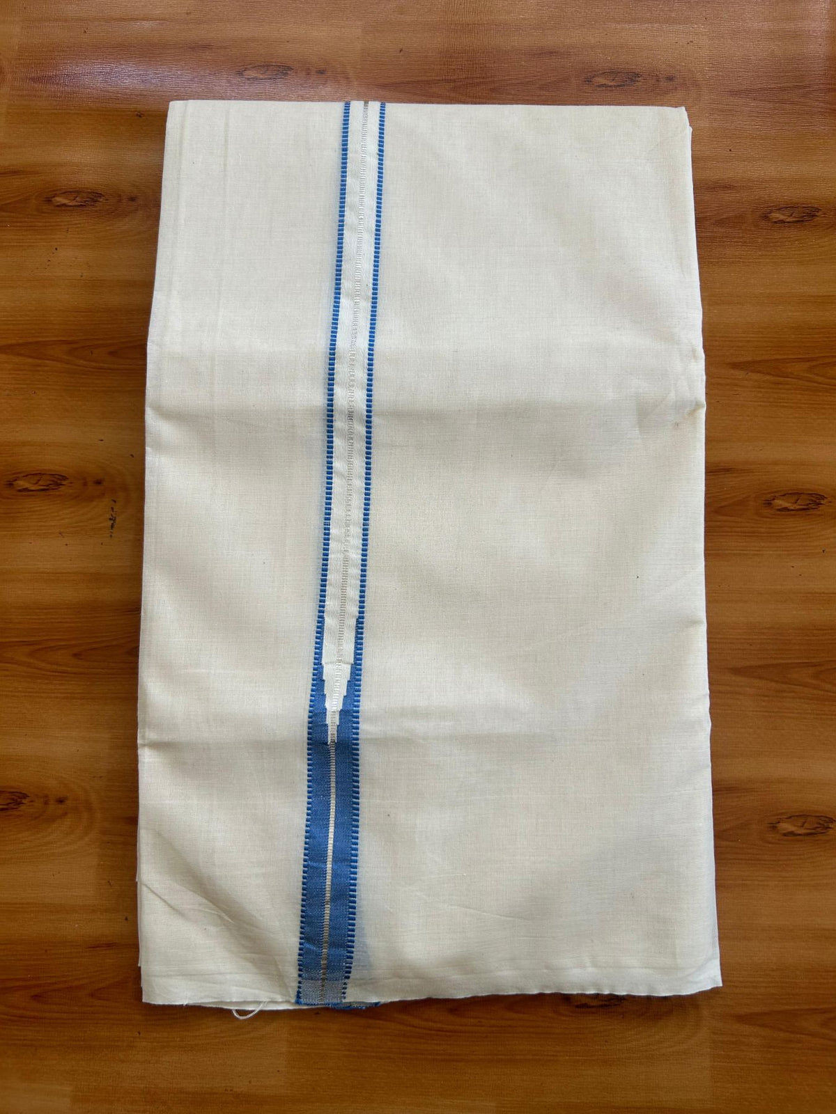 Double Off White (Unbleached) Mundu/Dhoti - 20% Discount!! KaithariKada Pulimood 100% Cotton 100X100 - 1 Inch Puliyilakkara Silver Kasav & Blue Striped Chutty Kara - 3.75 mtr (8 muzham) - 13 KK5545 ASH