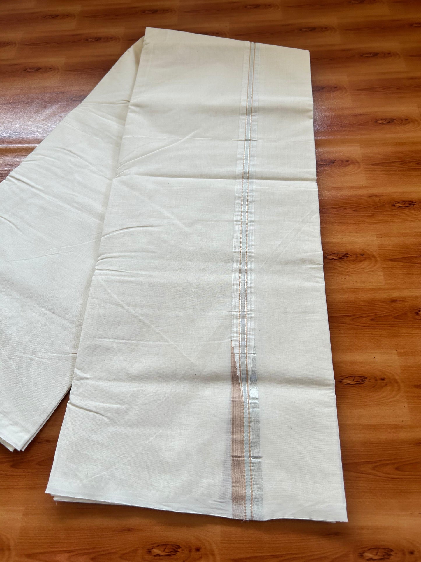 Double Off white Mundu/Dhoti - 20% Discount! KaithariKada - 100% Cotton 100x100 - 1 inch Puliyilakkara Silver Kasav & Cream Chutty Kara - 4 mtr (8.5 muzham) - 15 KK5477 ASH