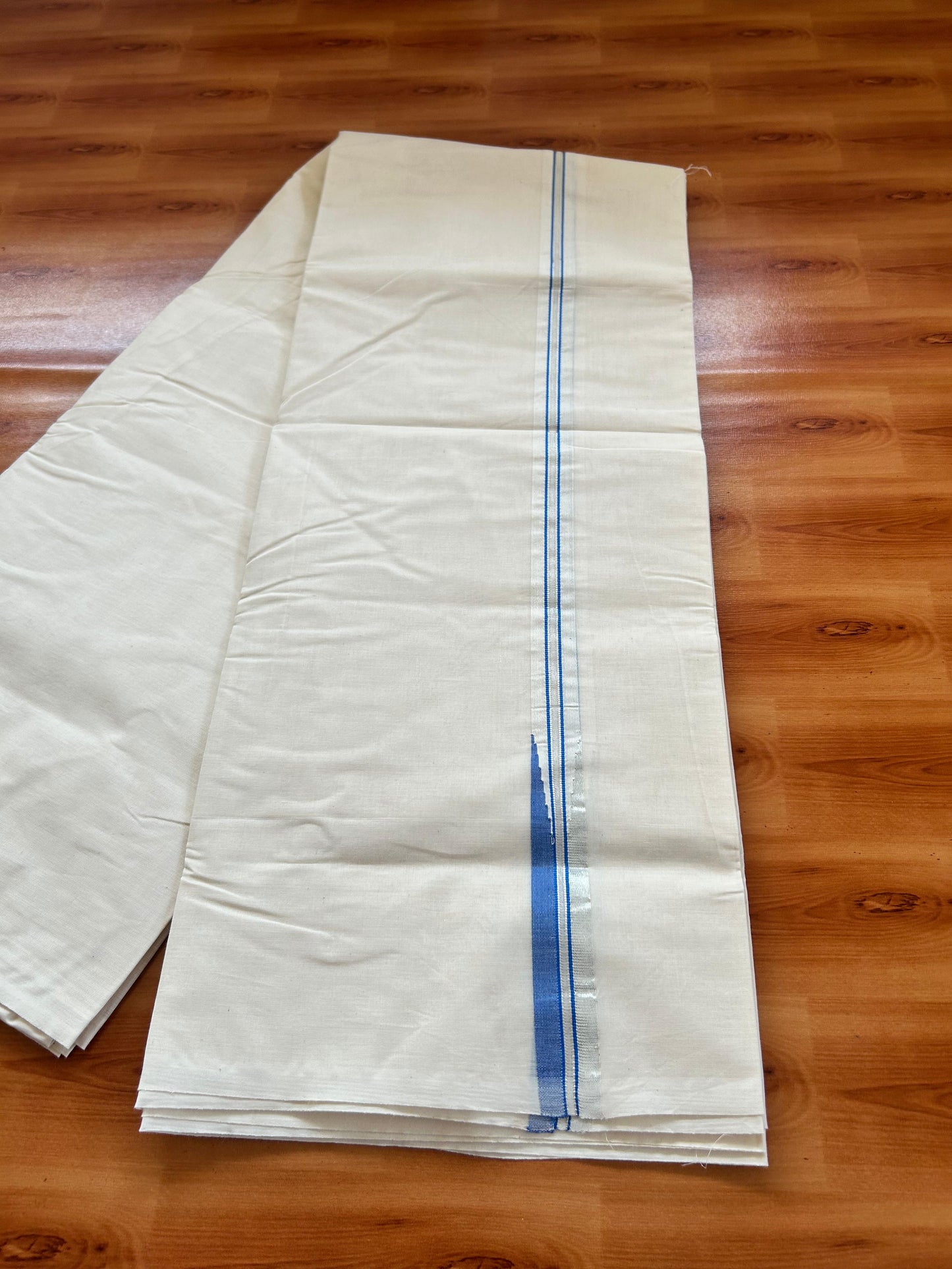 Double Off white Mundu/Dhoti - 20% Discount! KaithariKada - 100% Cotton 100x100 - 1 inch Puliyilakkara Silver Kasav & Blue Chutty Kara - 4 mtr (8.5 muzham) - 16 KK5477 ASH