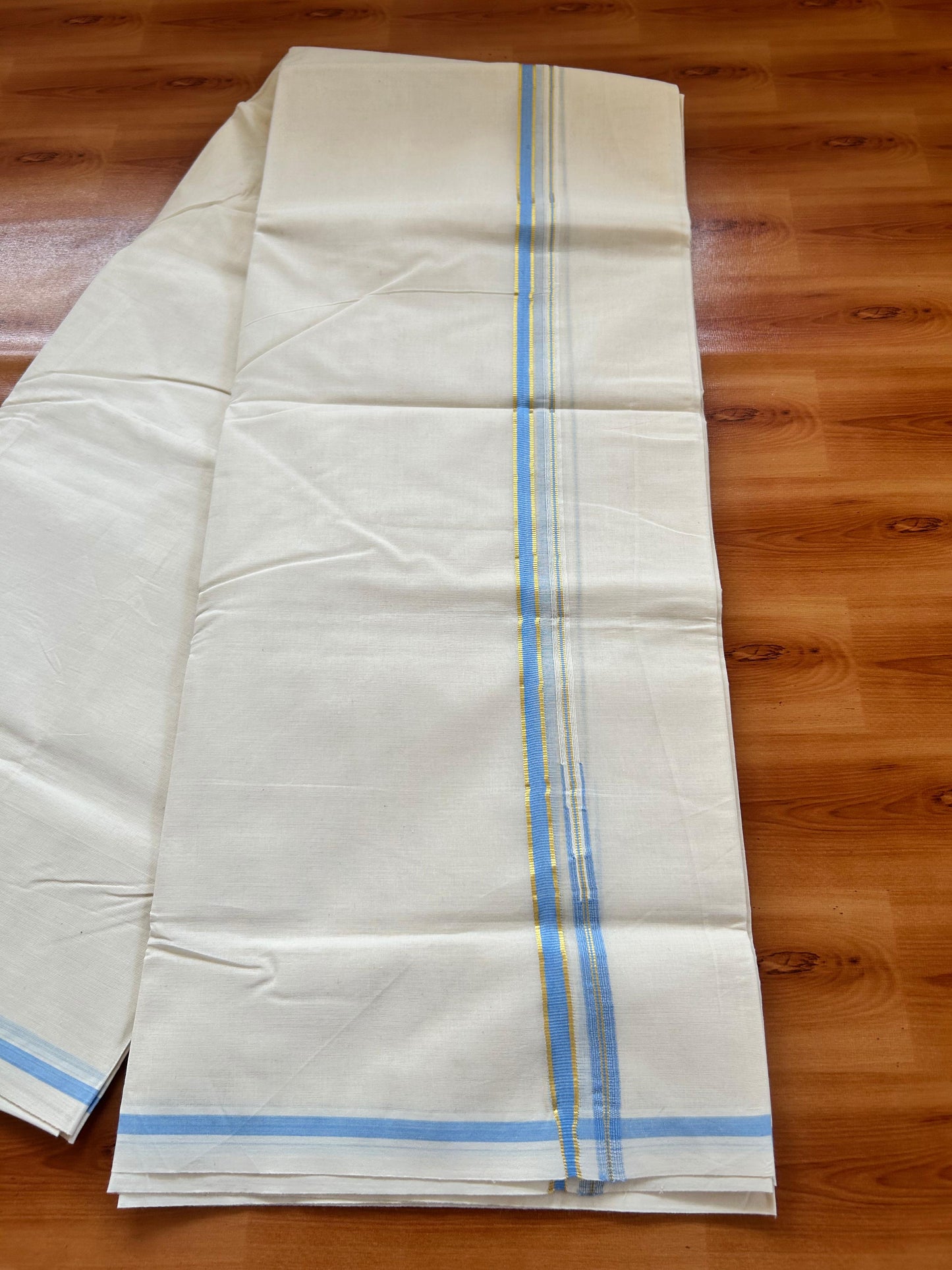 Mundu / Dhoti Off white Double - 20% Discount! KaithariKada 100% Cotton (Unbleached) Kerala -100x100 - 1 cm Puliyilakkara Gold Kasav & Blue Chutty Kara - 18 KK5477 ASH