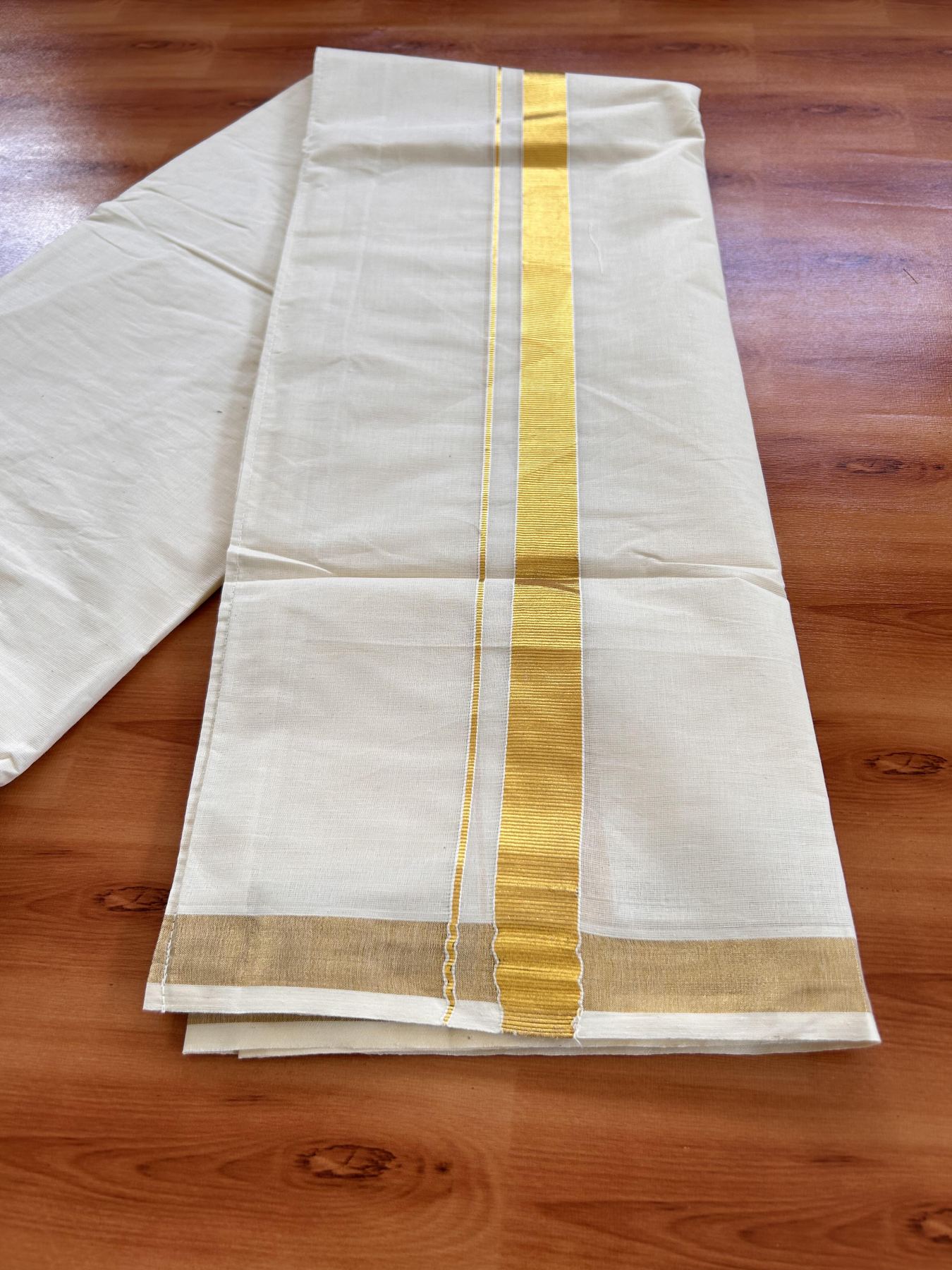 Double Off White Velcro Mundu/Dhoti - 20% Discount !! KaithariKada Balaramapuram 100% Pure Cotton - 0.75 inch Gold Kasav Kara 3.77 mtr (8 muzham) - 1 KK5434 GAN