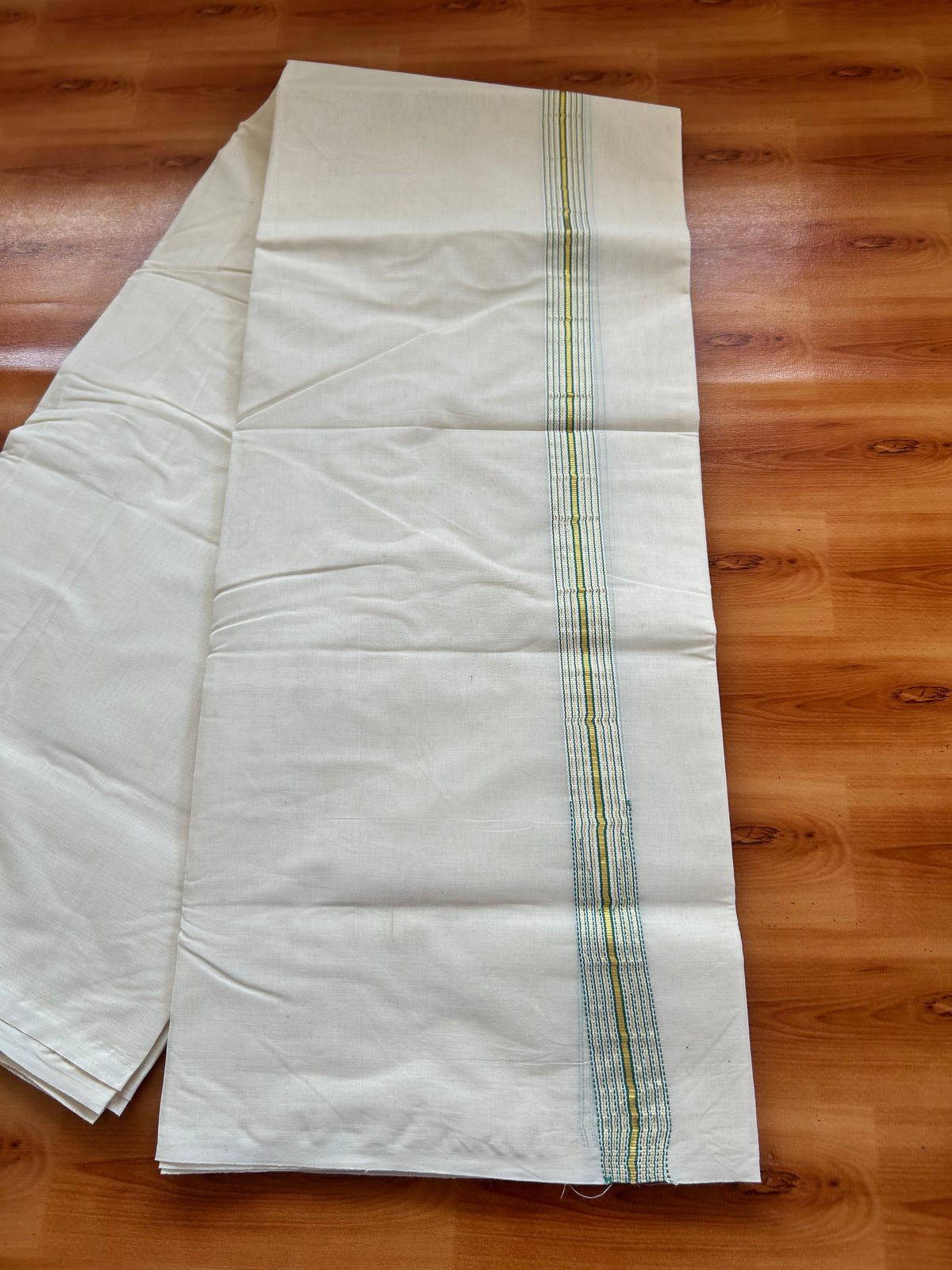 Double Off white Mundu/Dhoti - 20% Discount! KaithariKada - 100% Cotton 100x100 - 1 inch Puliyilakkara Gold Kasav & Teal 12 Line Chutty Kara - 4 mtr (8.5 muzham) - 6 KK5477 ASH