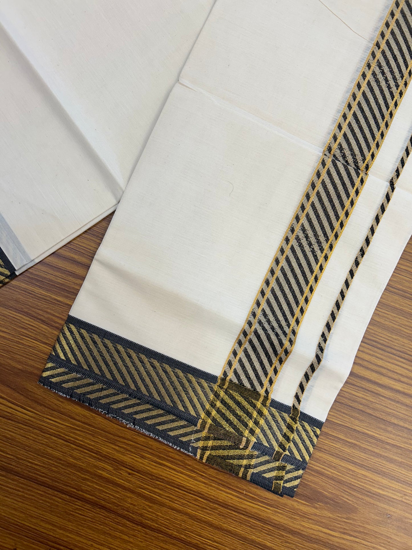 20% Discount ! KaithariKada Balaramapuram 100% Pure Cotton Single Off White Mundu/Dhoti - 30X70 - 1.5 inch Gold Kasav & Black Jacquard Design kara 2 mtr (4 Muzham) - 1 KK5327 CJT