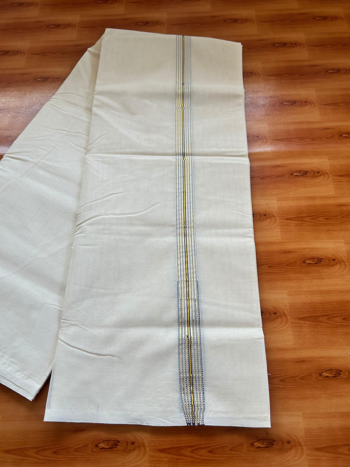Double Off white Mundu/Dhoti - 20% Discount! KaithariKada - 100% Cotton 100x100 - 1 inch Puliyilakkara Gold Kasav & Navy Blue 12 Line Chutty Kara - 4 mtr (8.5 muzham) - 9 KK5477 ASH