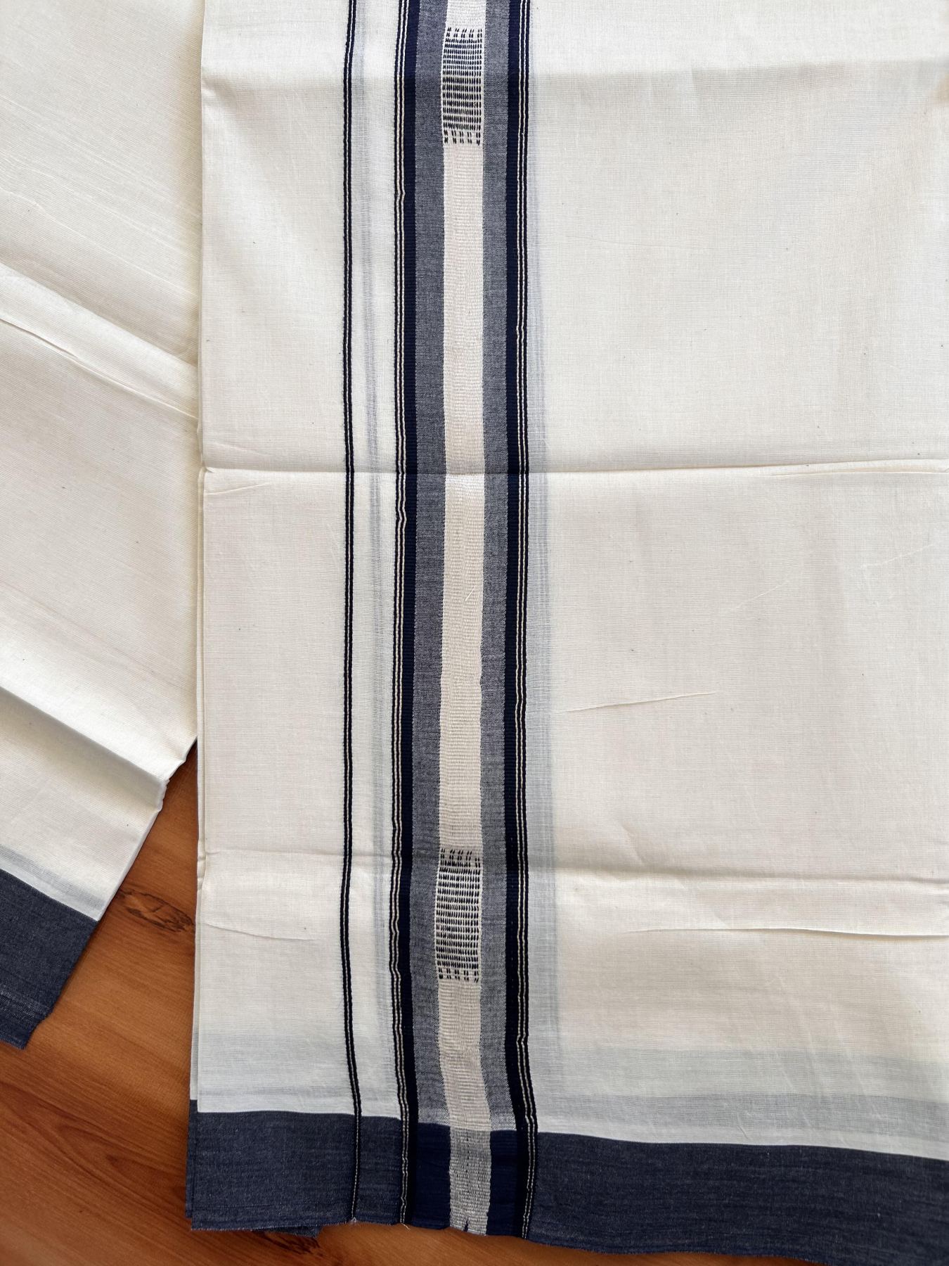 Double Off White Mundu/Dhoti- 20% Discount! KaithariKada Balaramapuram Pure Cotton - 100x80 - 1.5 inch Silver Kasav & Navy Blue Shaded Design Striped Kara - 4mtr (8.5muzham) - 21 KK5428 VAS