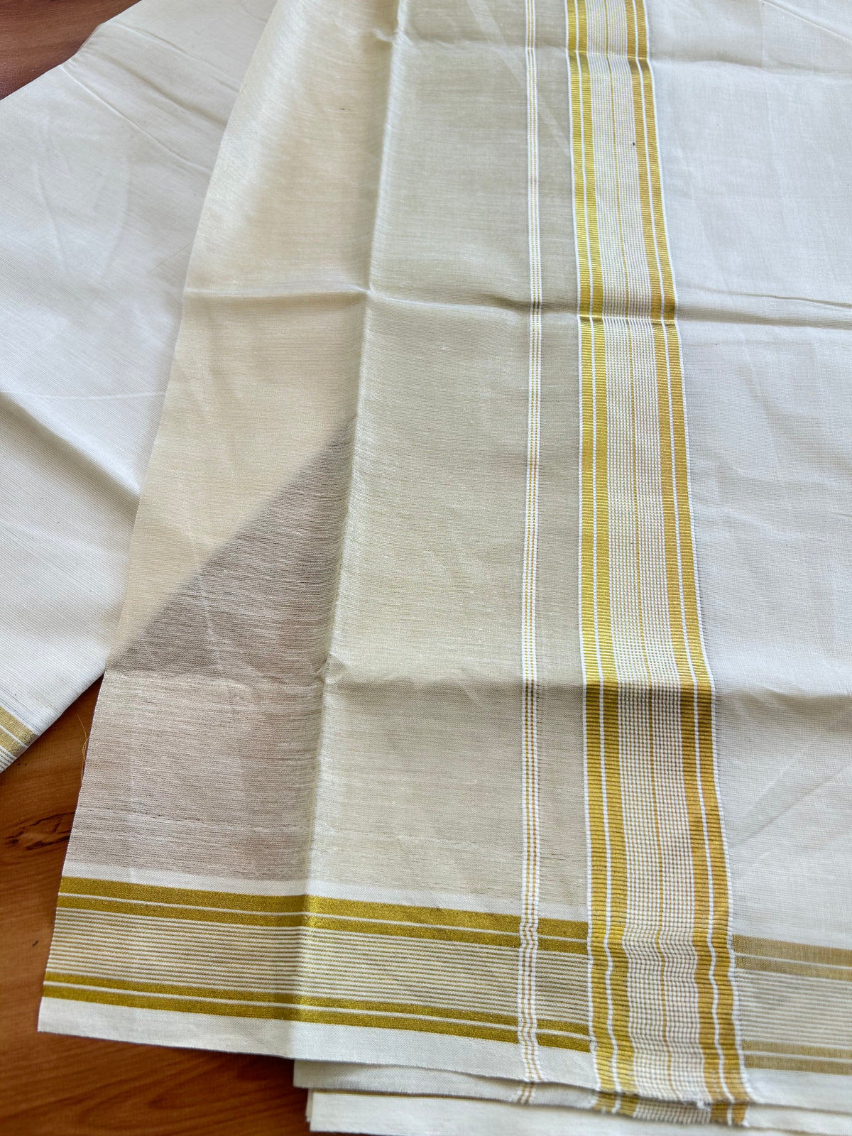 Double Off White Dhoti/Mund - 20% Discount! Kaitharikada Pulimood - Pure Cotton (60s) - 7.25 Inch Gold Kasav Tissue Striped Kara 4 mtr (8.5 muzham) - 11 KK5543 GAN