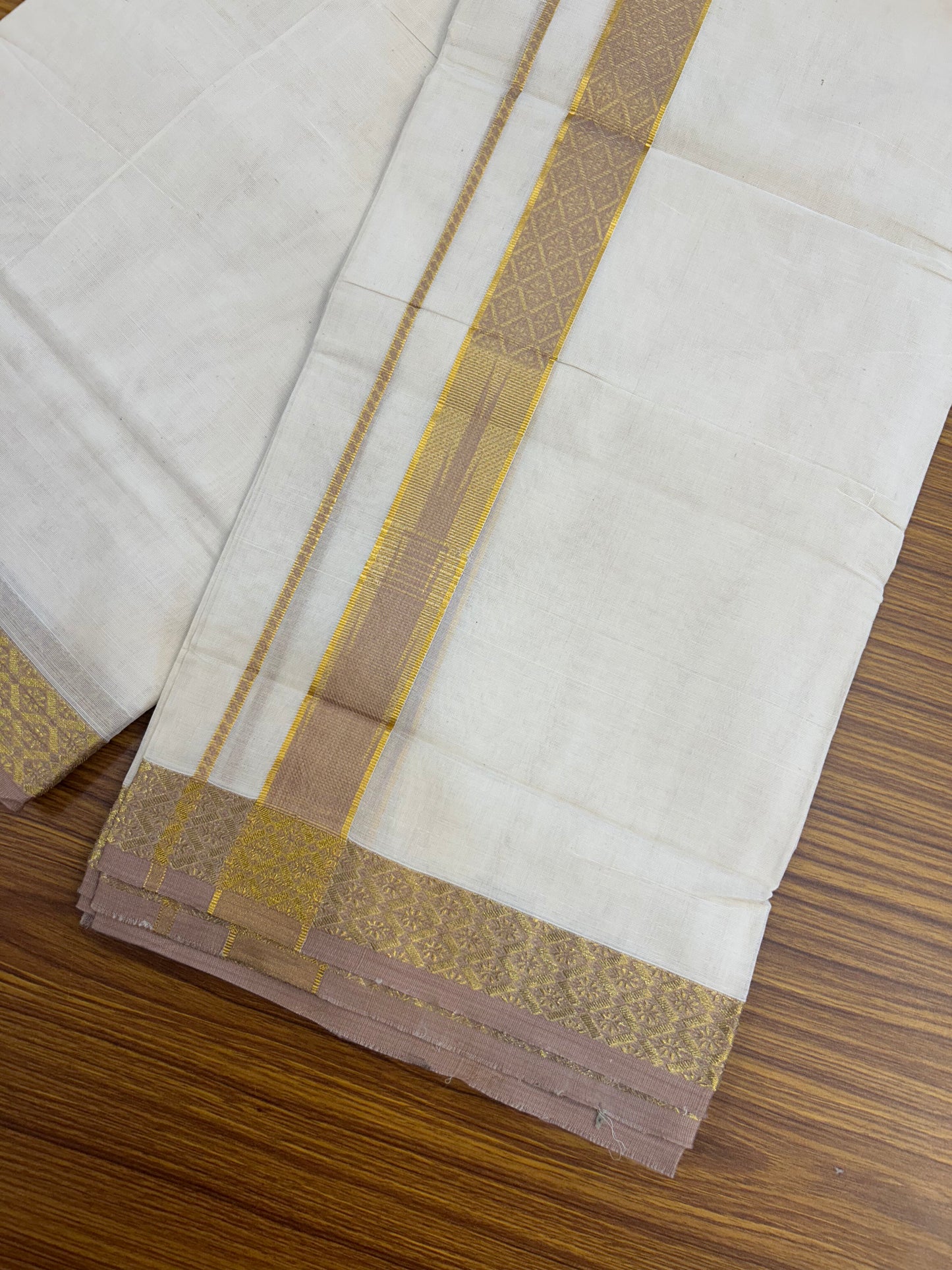 20% Discount ! KaithariKada Balaramapuram 100% Pure Cotton Double Off White (Unbleached) Mundu/Dhoti - 100x80 - 1.25 inch Puliyilakkara Gold Kasav & Peach Brown Jacquard Design Chutty kara (8.5 Muzham) - 16 KK5327 CJT