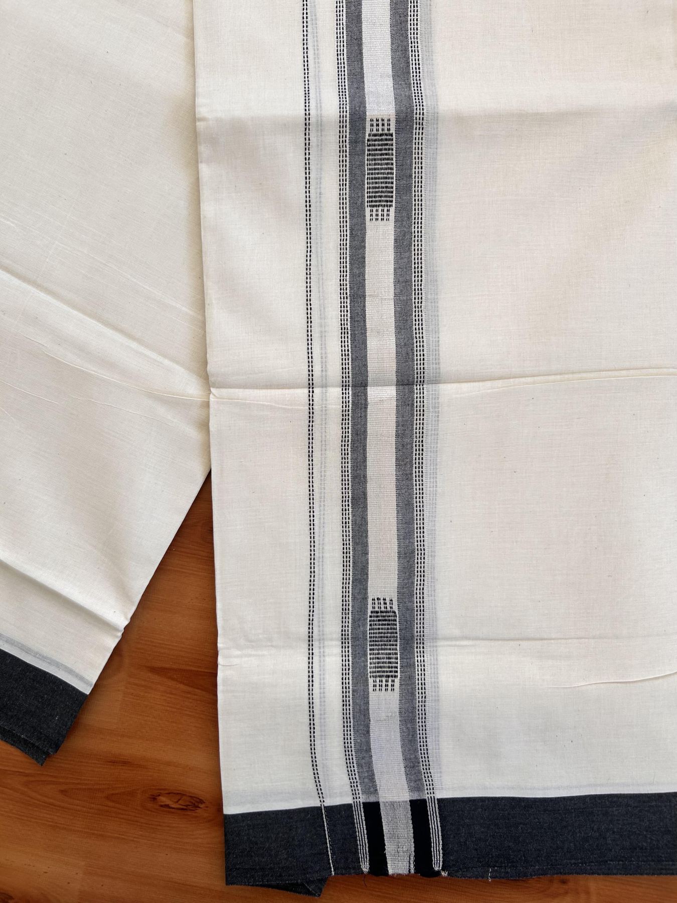 Double Off White Mundu/Dhoti- 20% Discount! KaithariKada Balaramapuram Pure Cotton - 100x80 - 1.5 inch Silver Kasav & Black Shaded Design Striped Kara - 4mtr (8.5muzham) - 16 KK5428 VAS