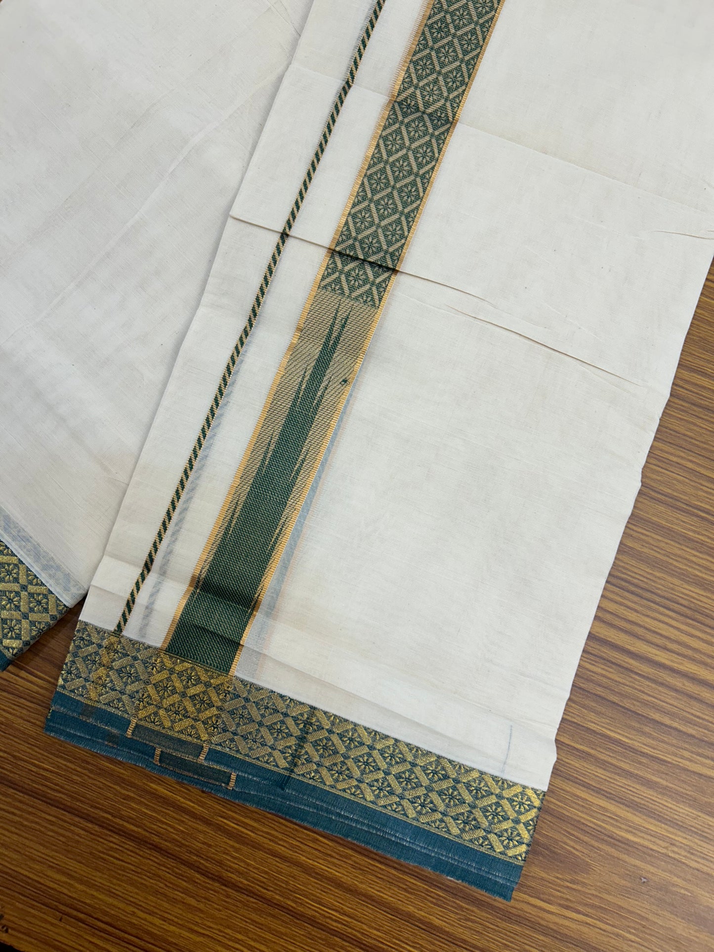20% Discount ! KaithariKada Balaramapuram 100% Pure Cotton Double Off White (Unbleached) Mundu/Dhoti - 100x80 - 1.25 inch Puliyilakkara Gold Kasav & Green Jacquard Design Chutty kara (8.5 Muzham) - 12 KK5327 CJT