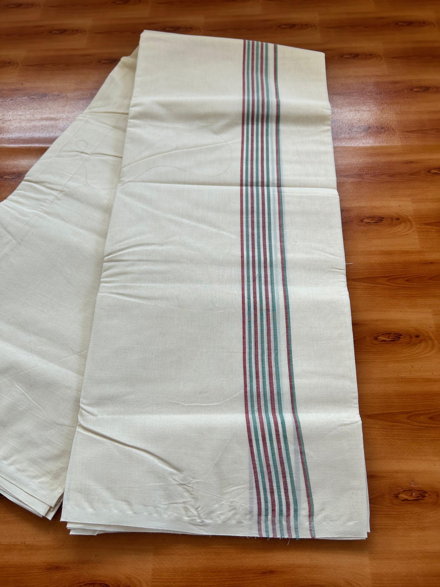 Double Off white Mundu/Dhoti - 20% Discount! KaithariKada - 100% Cotton 100x80 - 1.25 inch Teal & Maroon Shaded Striped Kara 4 mtr (8.5 muzham) - 1 KK5477 ASH