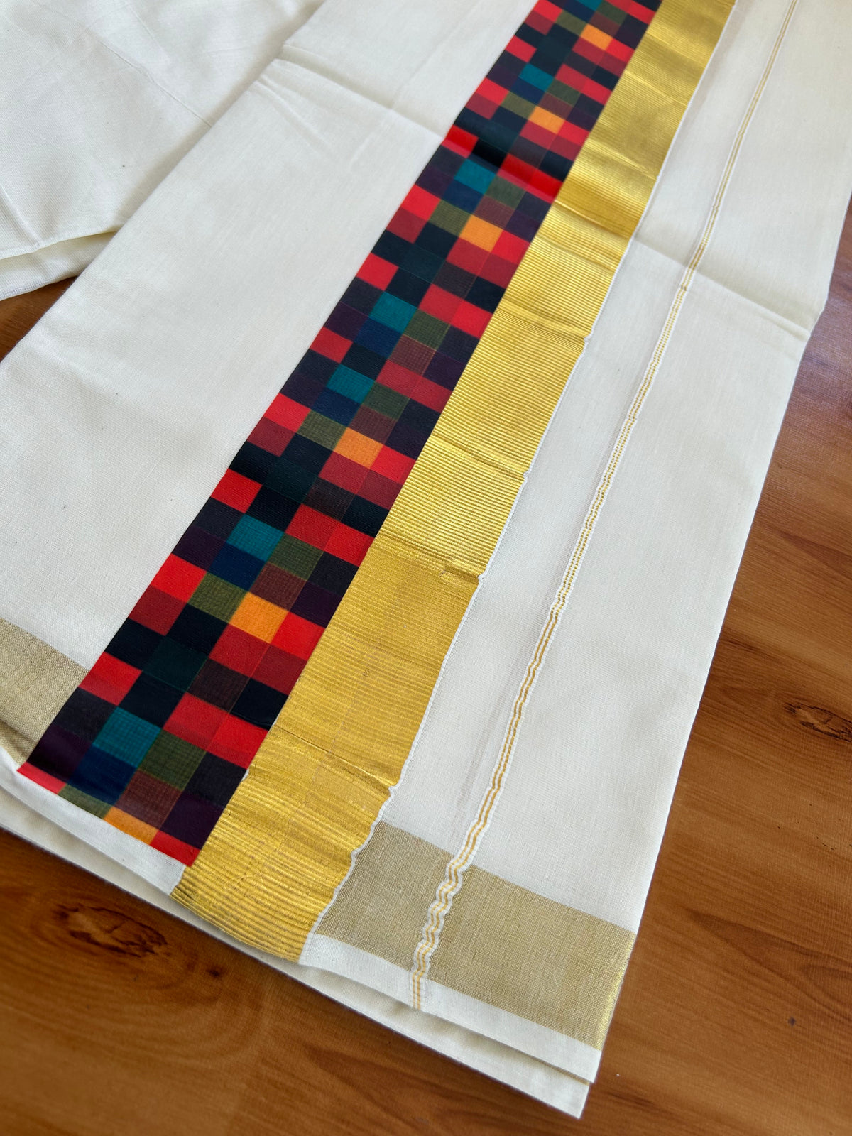 Double Off White - (Unbleached) Mundu/Dhoti- 20% Discount!! KaithariKada Balaramapuram 100% Cotton 60s - 3.25 inch Gold Kasav & Madras Check Design Kara - 15 KK5543 GAN
