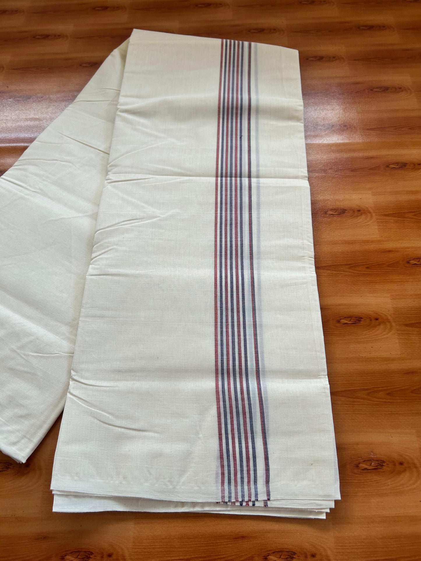 Double Off white Mundu/Dhoti - 20% Discount! KaithariKada - 100% Cotton 100x80 - 1.25 inch Maroon & Violet Shaded Striped Kara 4 mtr (8.5 muzham) - 2 KK5477 ASH