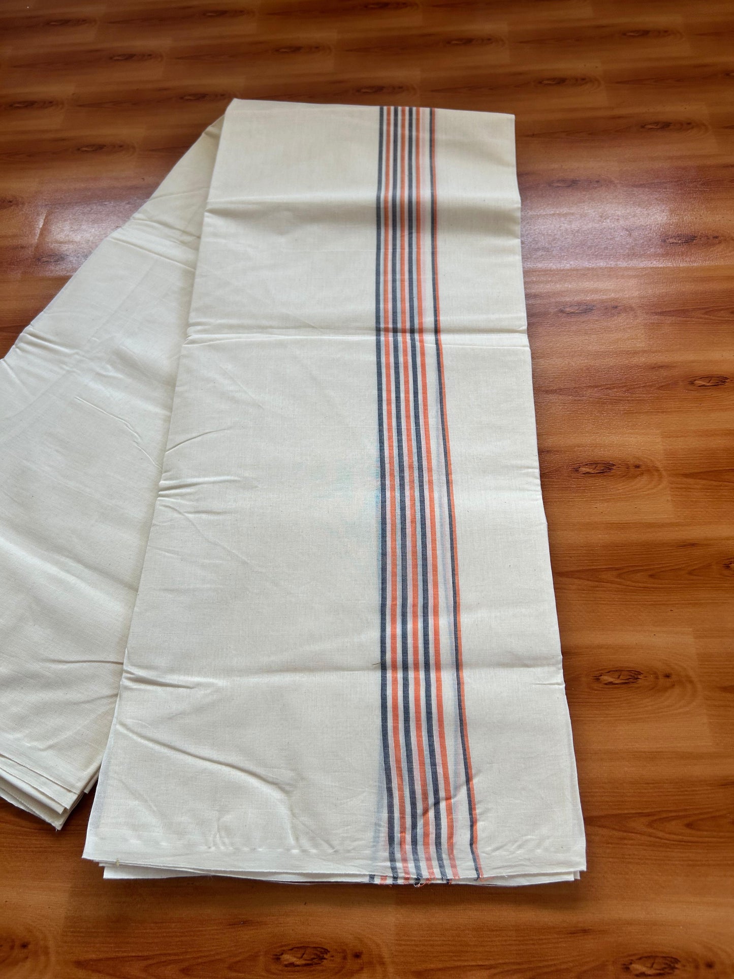 Double Off white Mundu/Dhoti - 20% Discount! KaithariKada - 100% Cotton 100x80 - 1.25 inch Orange & Blue Shaded Striped Kara 4 mtr (8.5 muzham) - 3 KK5477 ASH