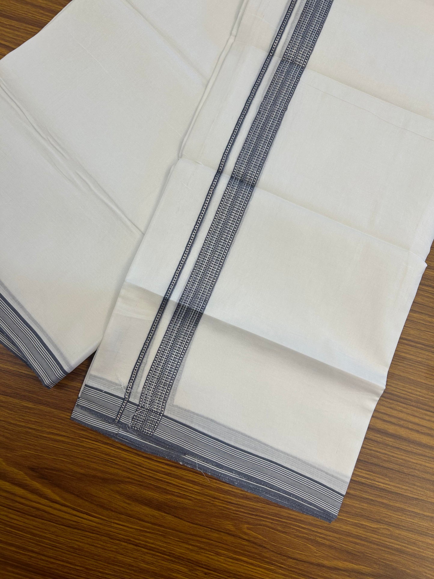 20% Discount! KaithariKada Balaramapuram 100% Cotton Double Pure white Mundu/Dhoti- 100X80 - 1 inch Ash Grey & Silver Kasav Stripes Kara - Between3.80-3.95m (8 muzham) - 30 KK5355 CKS