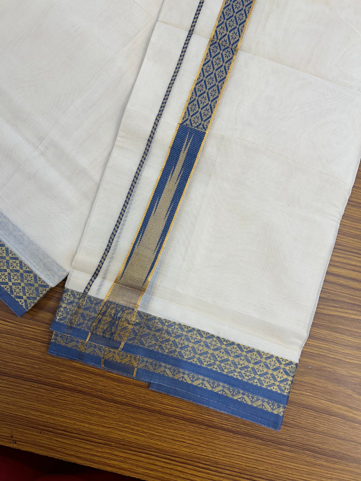 20% Discount ! KaithariKada Balaramapuram 100% Pure Cotton Double Off White (Unbleached) Mundu/Dhoti - 100x80 - 1.25 inch Puliyilakkara Gold Kasav & Blue Jacquard Design Chutty kara (8.5 Muzham) - 13 KK5327 CJT