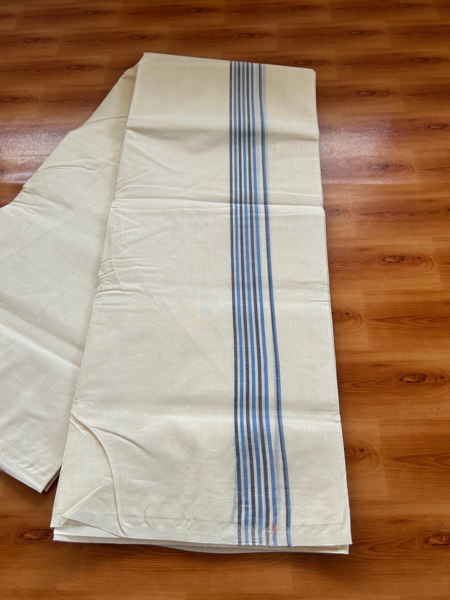 Double Off white Mundu/Dhoti - 20% Discount! KaithariKada - 100% Cotton 100x80 - 1.25 inch Navy Blue & Blue Shaded Striped Kara 4 mtr (8.5 muzham) - 4 KK5477 ASH