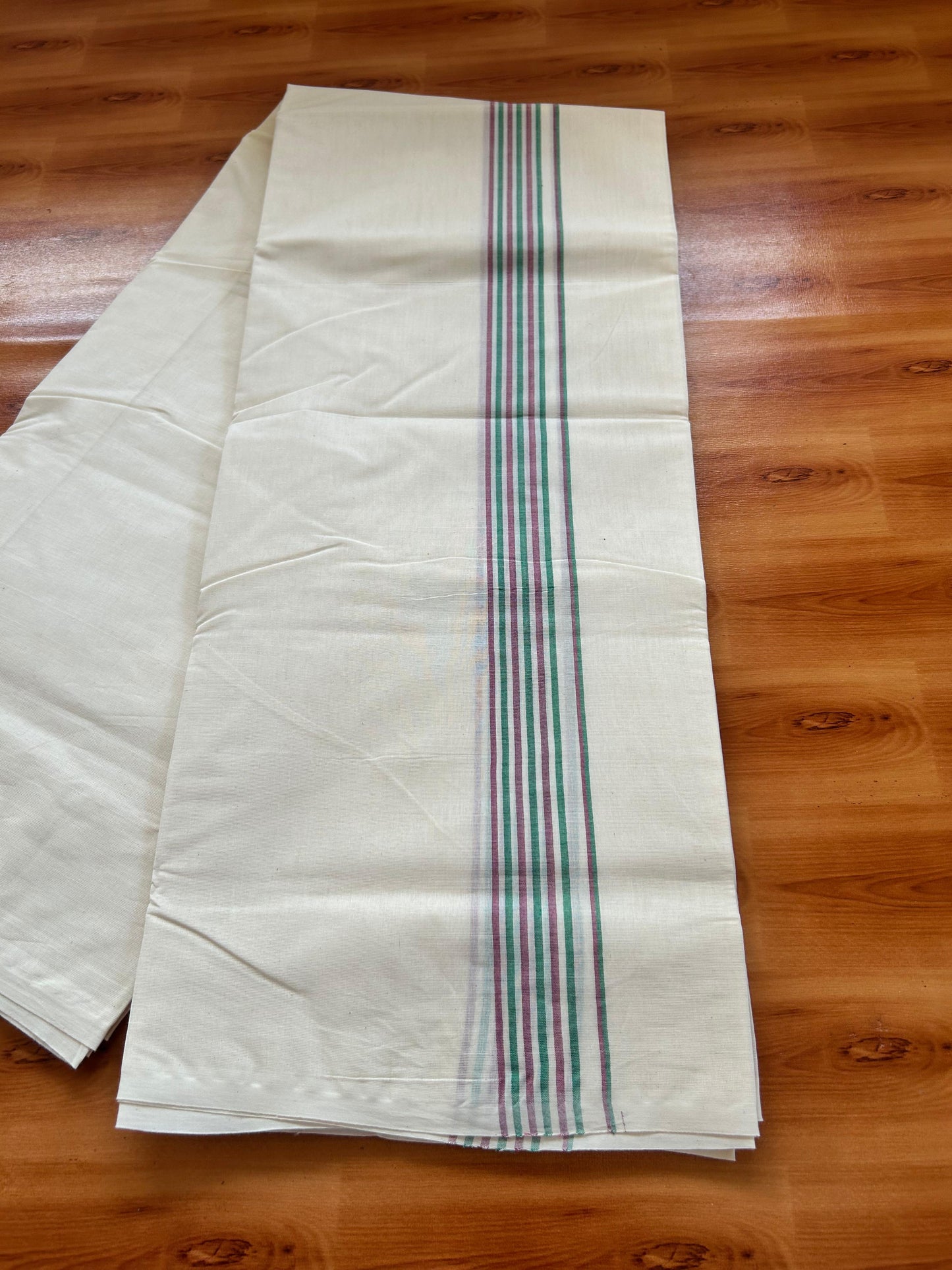 Double Off white Mundu/Dhoti - 20% Discount! KaithariKada - 100% Cotton 100x80 - 1.25 inch Green & Wine Purple Shaded Striped Kara 4 mtr (8.5 muzham) - 5 KK5477 ASH