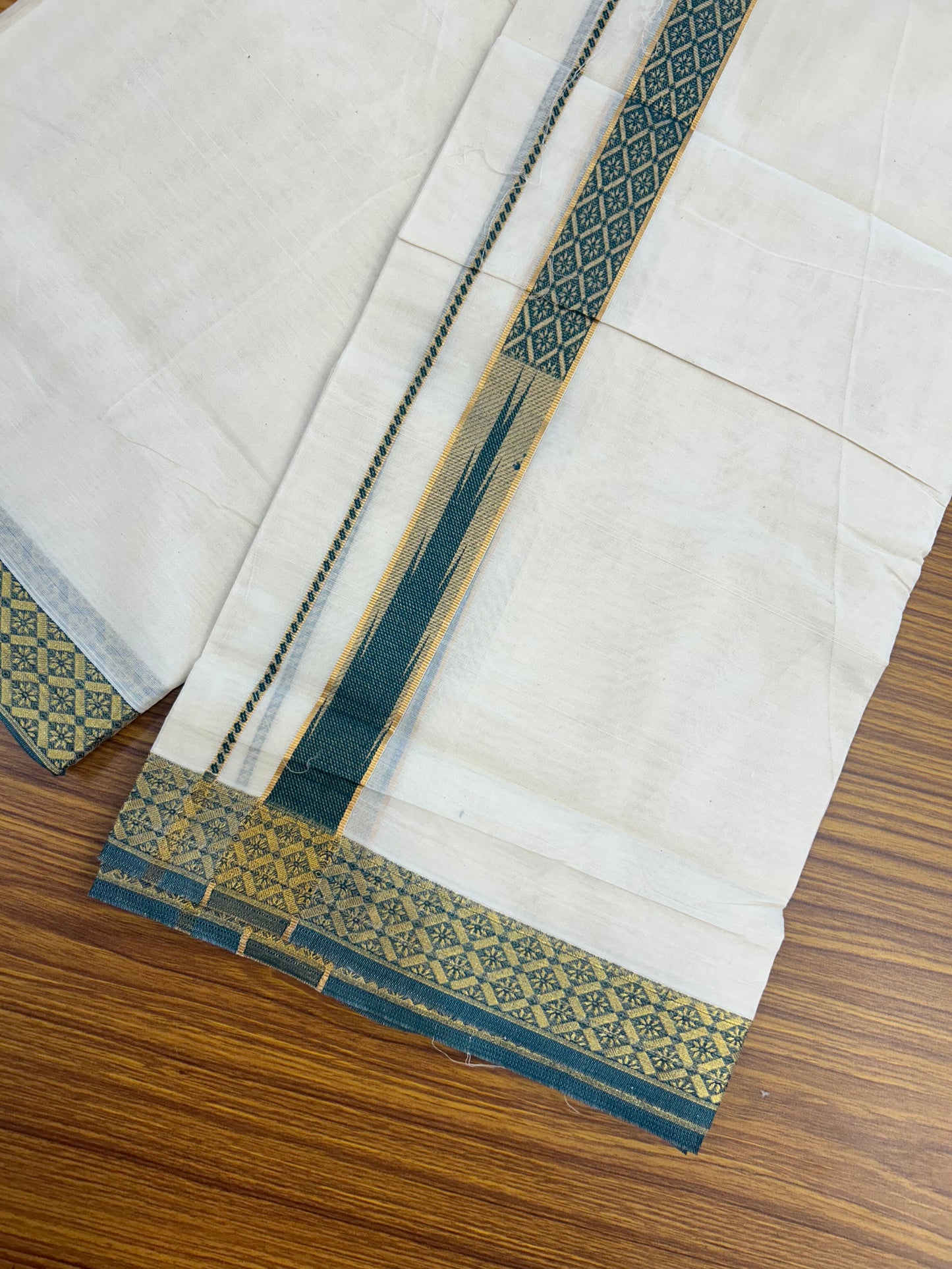 20% Discount ! KaithariKada Balaramapuram 100% Pure Cotton Double Off White (Unbleached) Mundu/Dhoti - 100x80 - 1.25 inch Puliyilakkara Gold Kasav & Peacock Green Jacquard Design Chutty kara (8.5 Muzham) - 15 KK5327 CJT