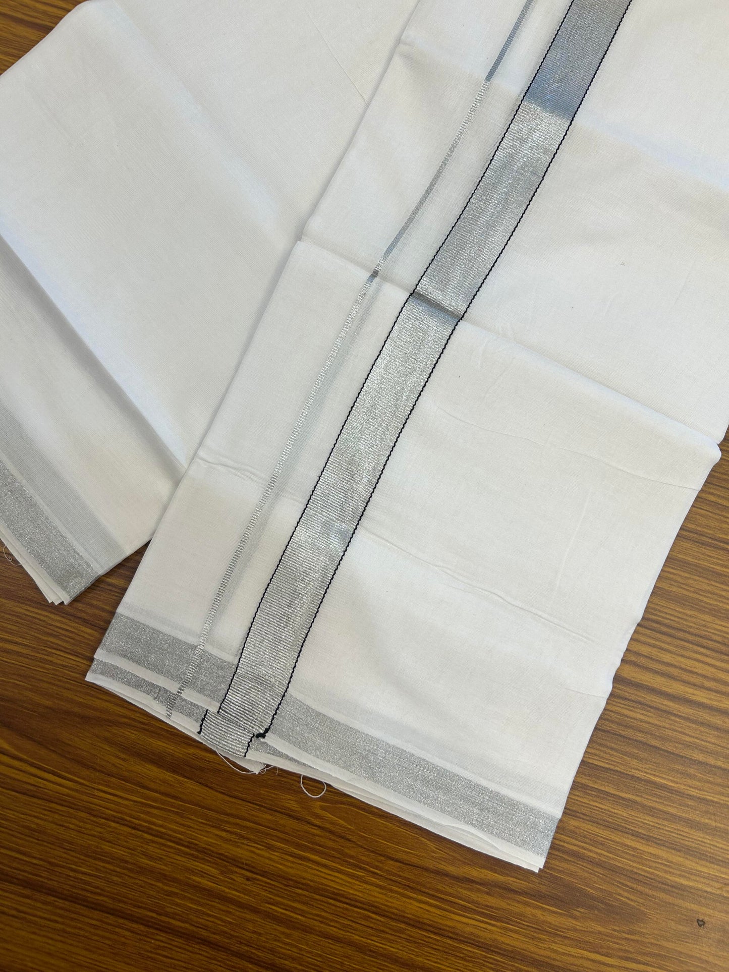 20% Discount! KaithariKada Balaramapuram 100% Cotton Double Pure white Mundu/Dhoti- 80s - 1 inch Silver Kasav & Black Kara - Between3.80-3.95m ( 8 muzham) - 5 KK5355 CKS