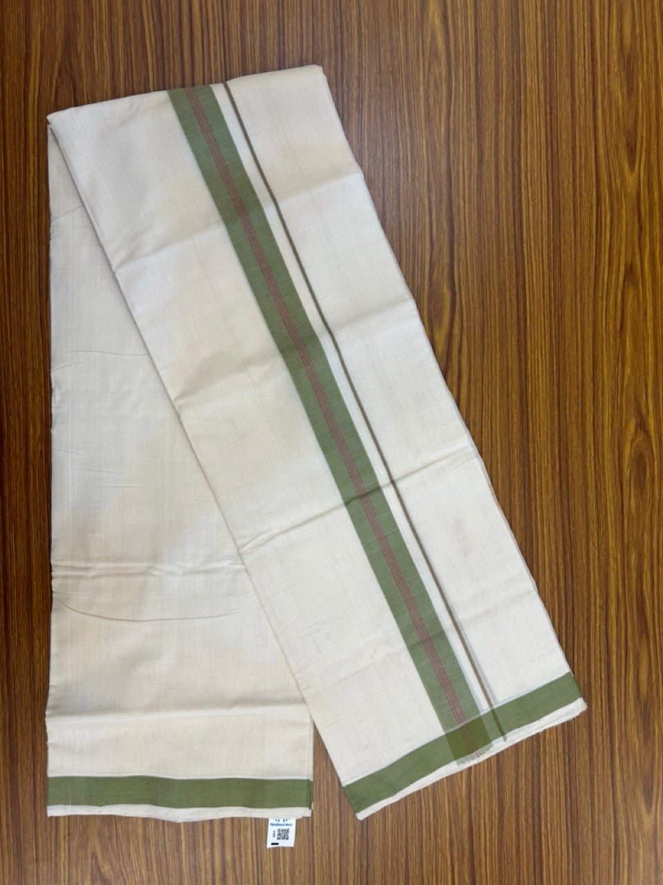 25% Discount KaithariKada Handloom Unakkupaav Balaramapuram - 100% PURE Cotton off white (Unbleached) Double Mundu/Dhoti - 80X90 - 1.5 inch Green & Magenta Center Stripes Kara 3.80 mtr (8 muzham) - 1 KK5260 ELA