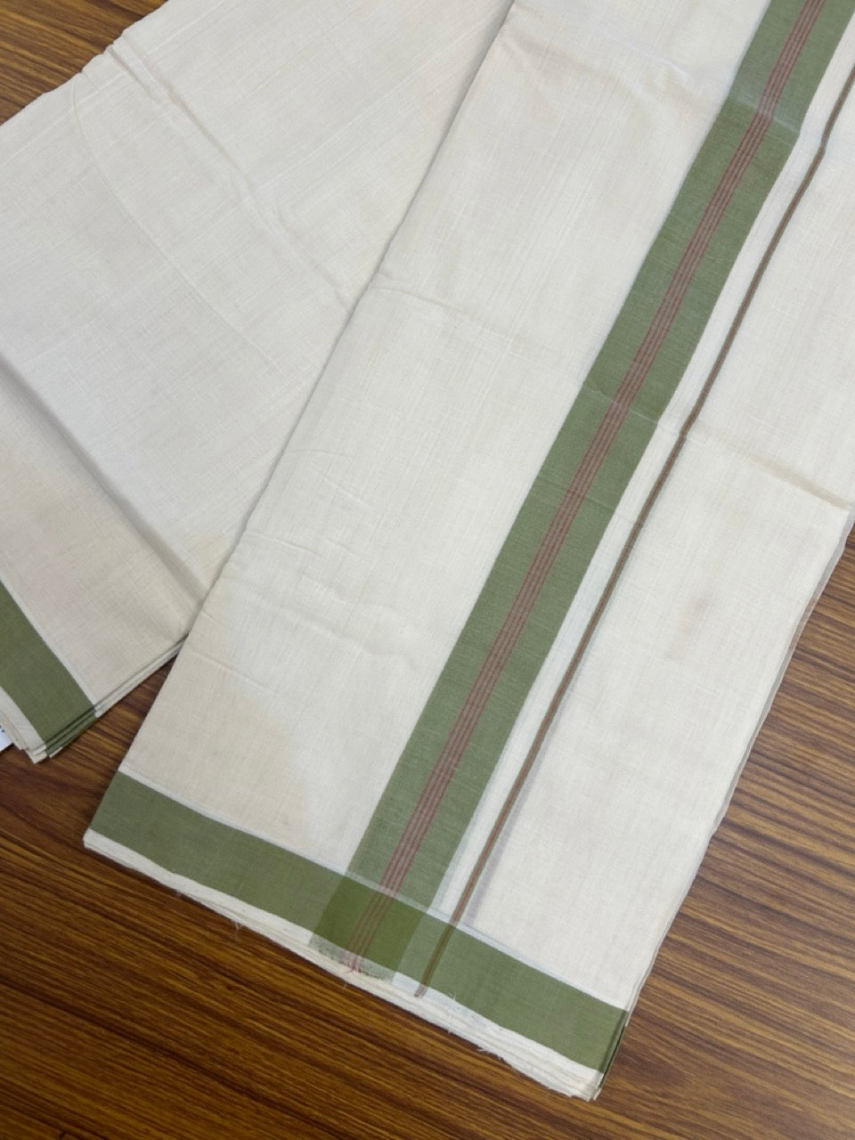 25% Discount KaithariKada Handloom Unakkupaav Balaramapuram - 100% PURE Cotton off white (Unbleached) Double Mundu/Dhoti - 80X90 - 1.5 inch Green & Magenta Center Stripes Kara 3.80 mtr (8 muzham) - 1 KK5260 ELA