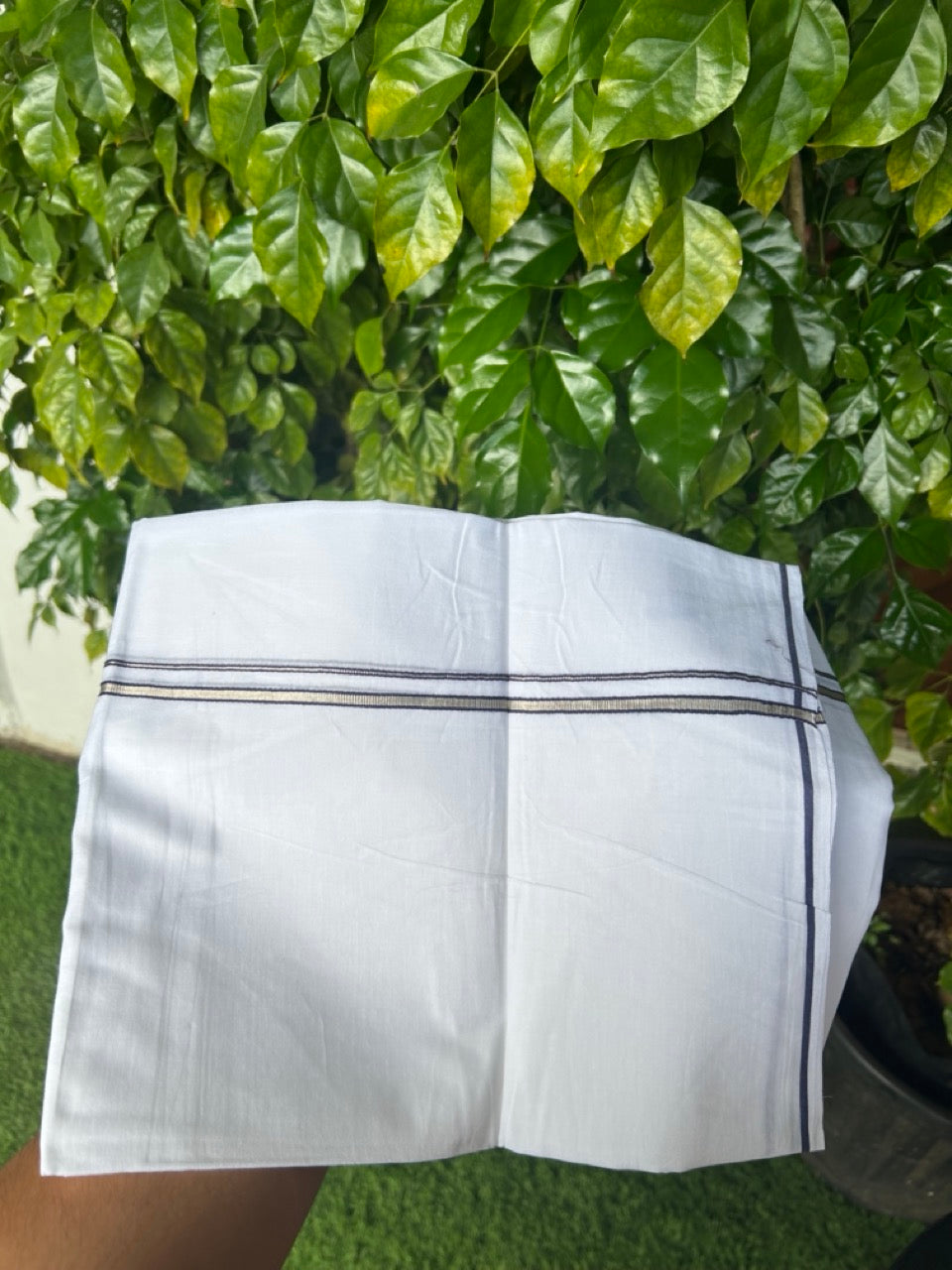 20% Discount ! Kaitharikada Balaramapuram 100% Cotton PURE WHITE Double Mundu/Dothi - 100x90 - 0.5 cm Navy Blue Silver Kasavu thin Kara - 66KK5217 CKS