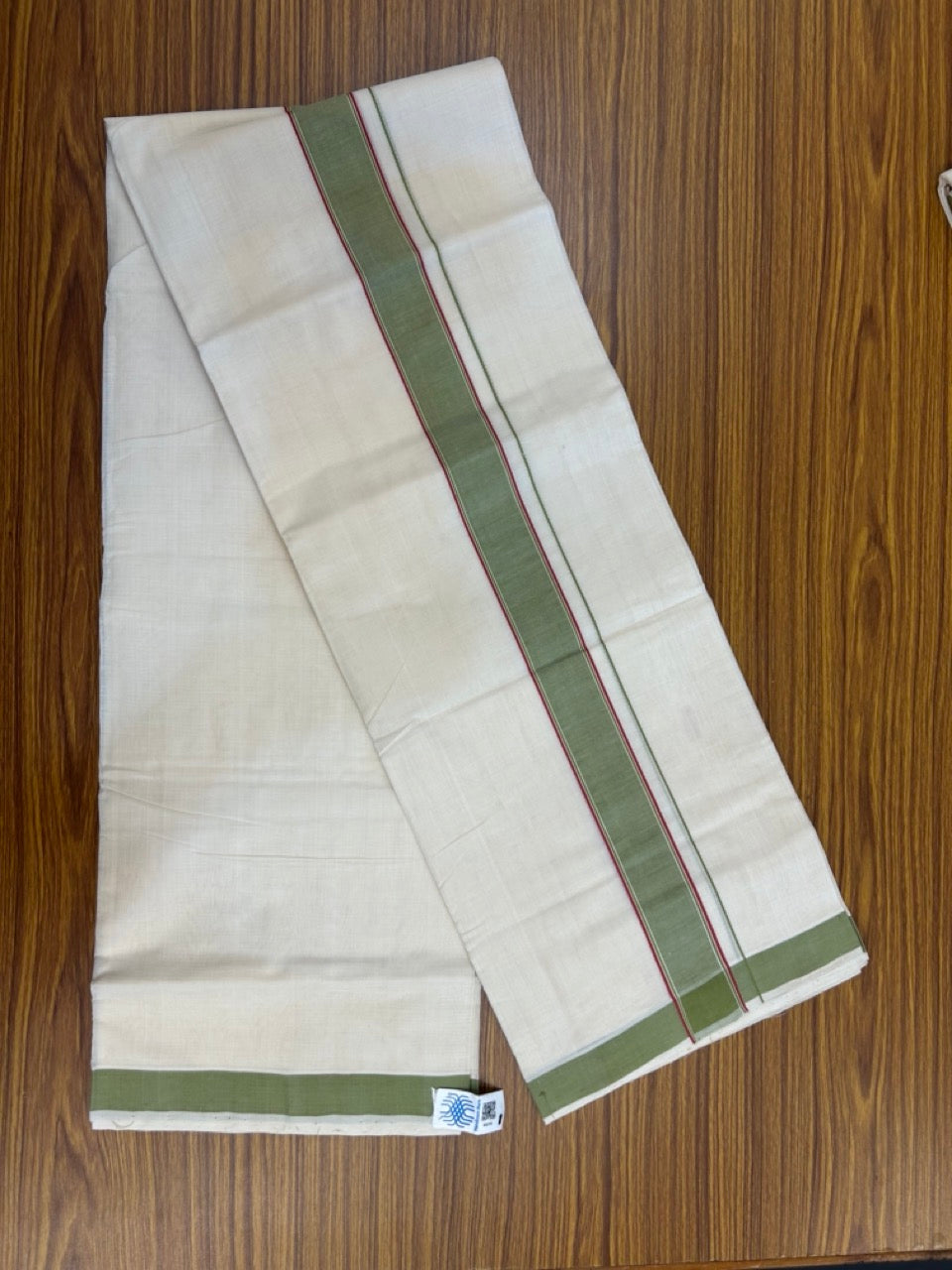 25% Discount KaithariKada Handloom Unakkupaav Balaramapuram - 100% PURE Cotton off white (Unbleached) Double Mundu/Dhoti - 80X90 - 1.5 inch Green & Magenta Striped Kara 3.80 mtr (8 muzham) - 2 KK5260 ELA