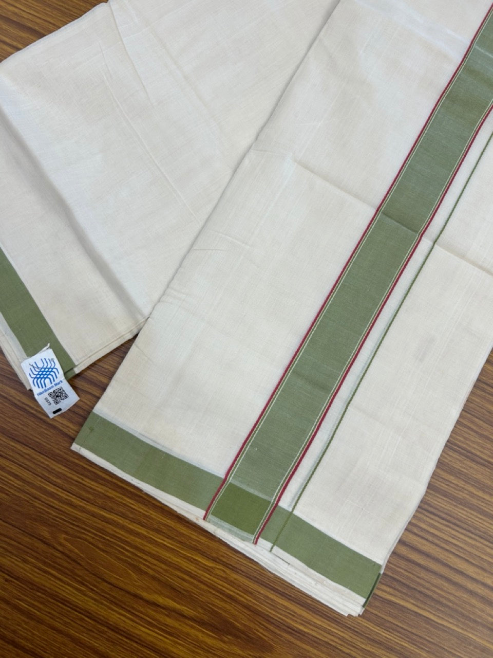 25% Discount KaithariKada Handloom Unakkupaav Balaramapuram - 100% PURE Cotton off white (Unbleached) Double Mundu/Dhoti - 80X90 - 1.5 inch Green & Magenta Striped Kara 3.80 mtr (8 muzham) - 2 KK5260 ELA