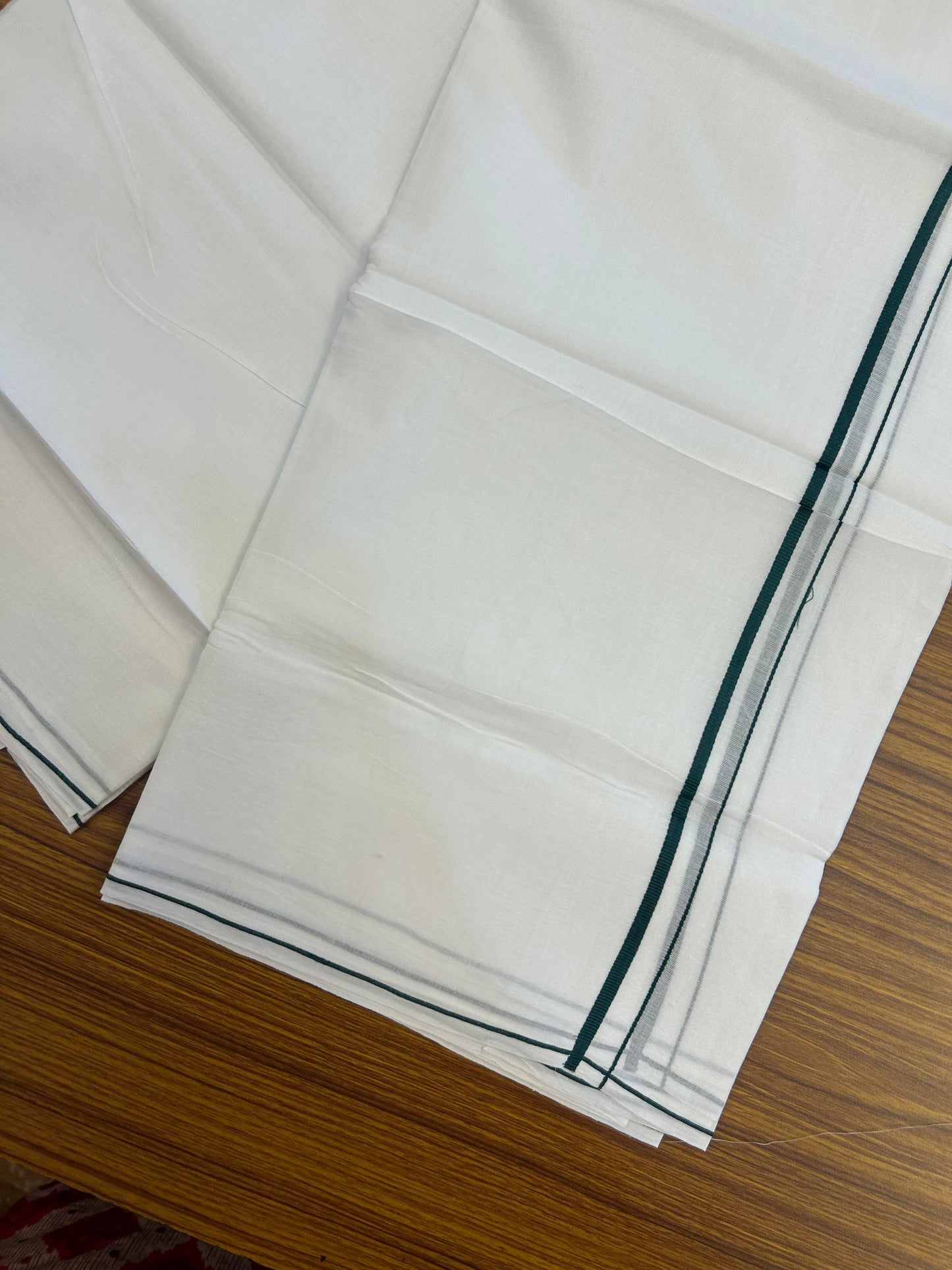 20% Discount! KaithariKada Balaramapuram 100% Cotton Double Pure white Mundu/Dhoti- 100X80 - 0.25 inch Dark Green Kara - Between3.80-3.95m (8 muzham) - 42 KK5355 CKS