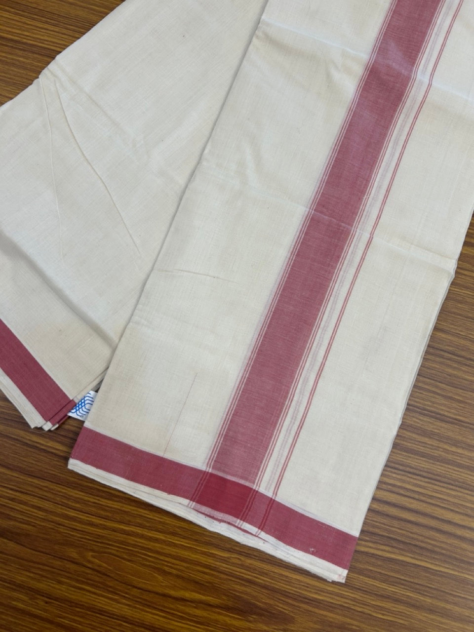 25% Discount KaithariKada Handloom Unakkupaav Balaramapuram - 100% PURE Cotton off white (Unbleached) Double Mundu/Dhoti - 80X90 - 1.75 inch Light Maroon Shaded Striped Kara 3.80 mtr (8 muzham) - 3 KK5260 ELA